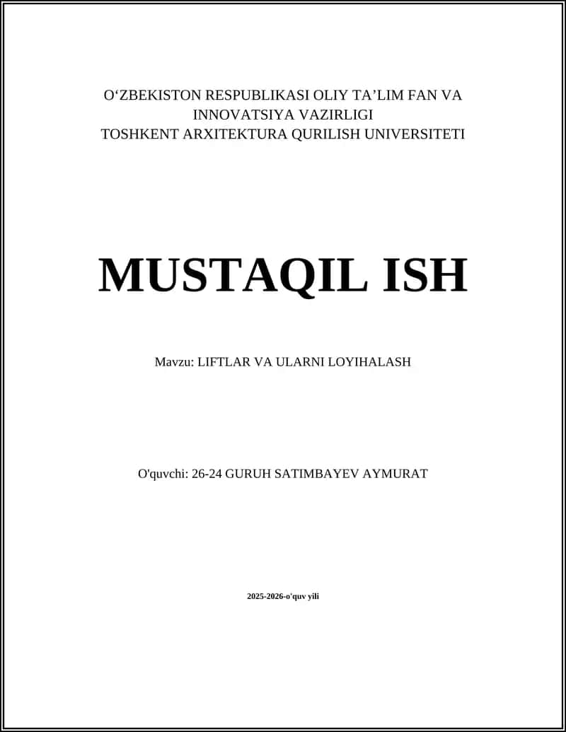 Liftlar va Ularni Loyihalash 1