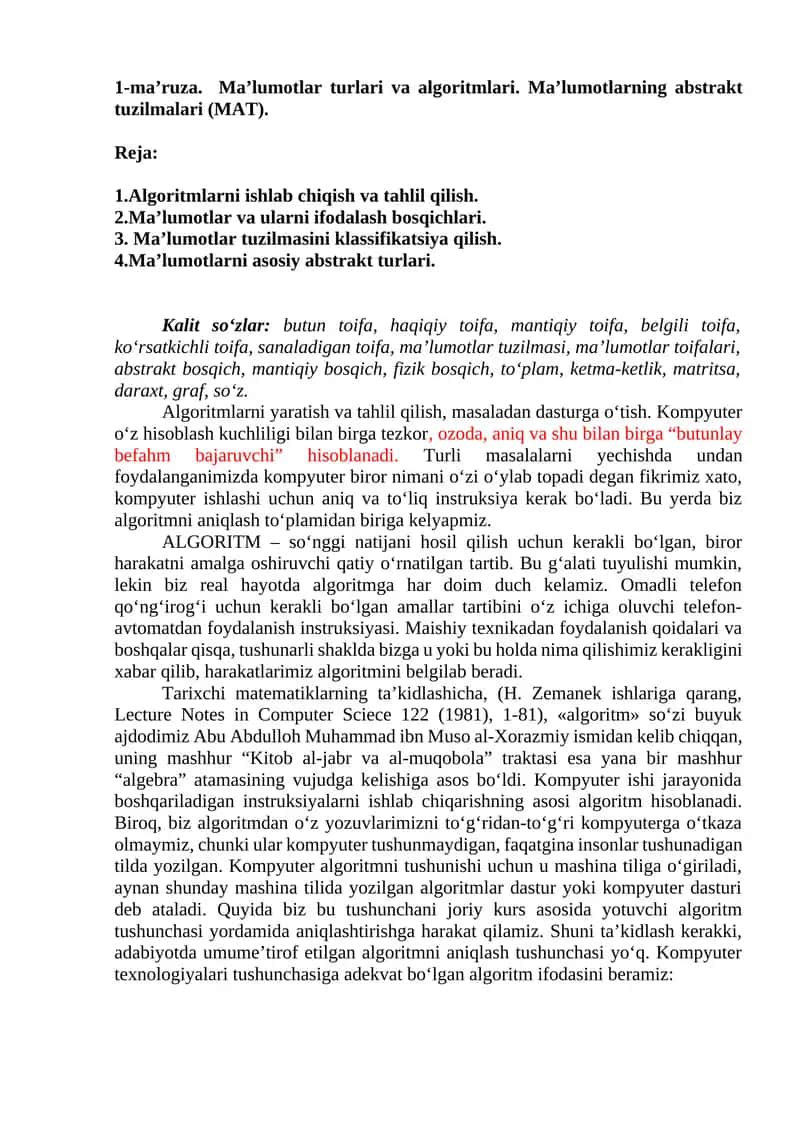 Algoritm va ma'lumotlar turlari 1