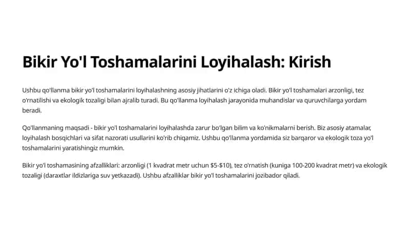 Bikir Yo'l Toshamalarini Loyihalash: Kirish 1