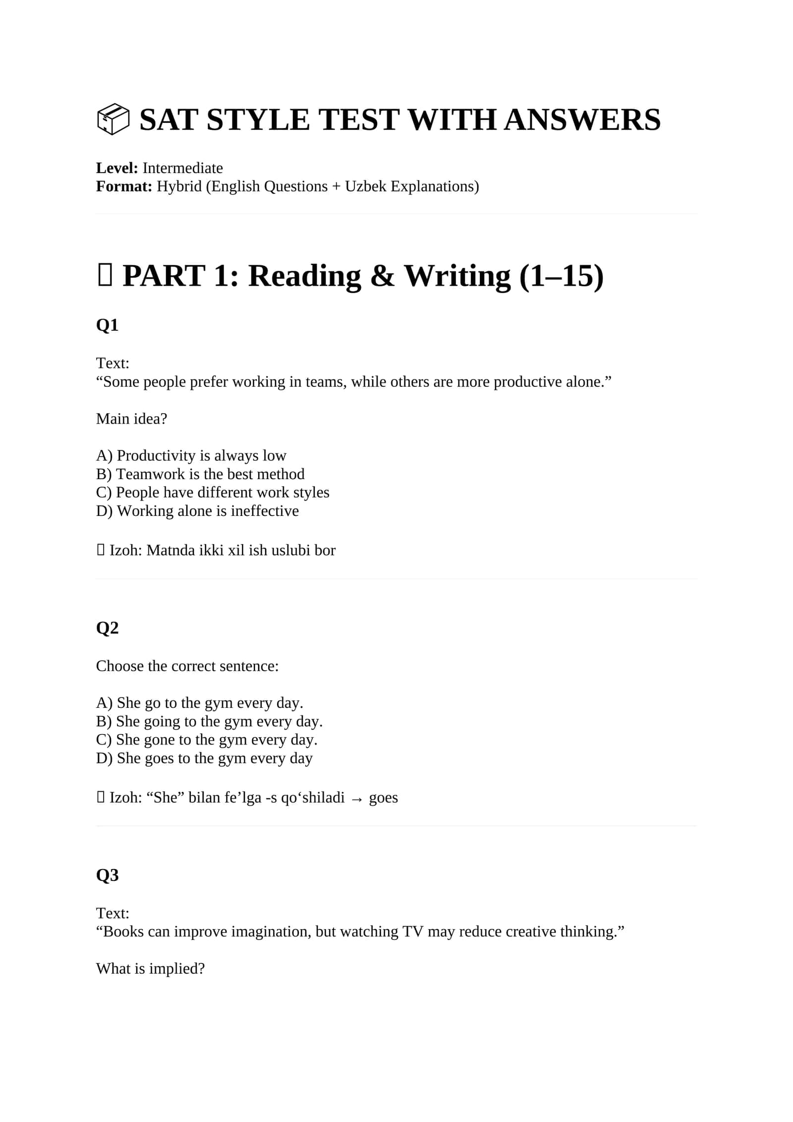 SAT STYLE TEST WITH ANSWERS 1