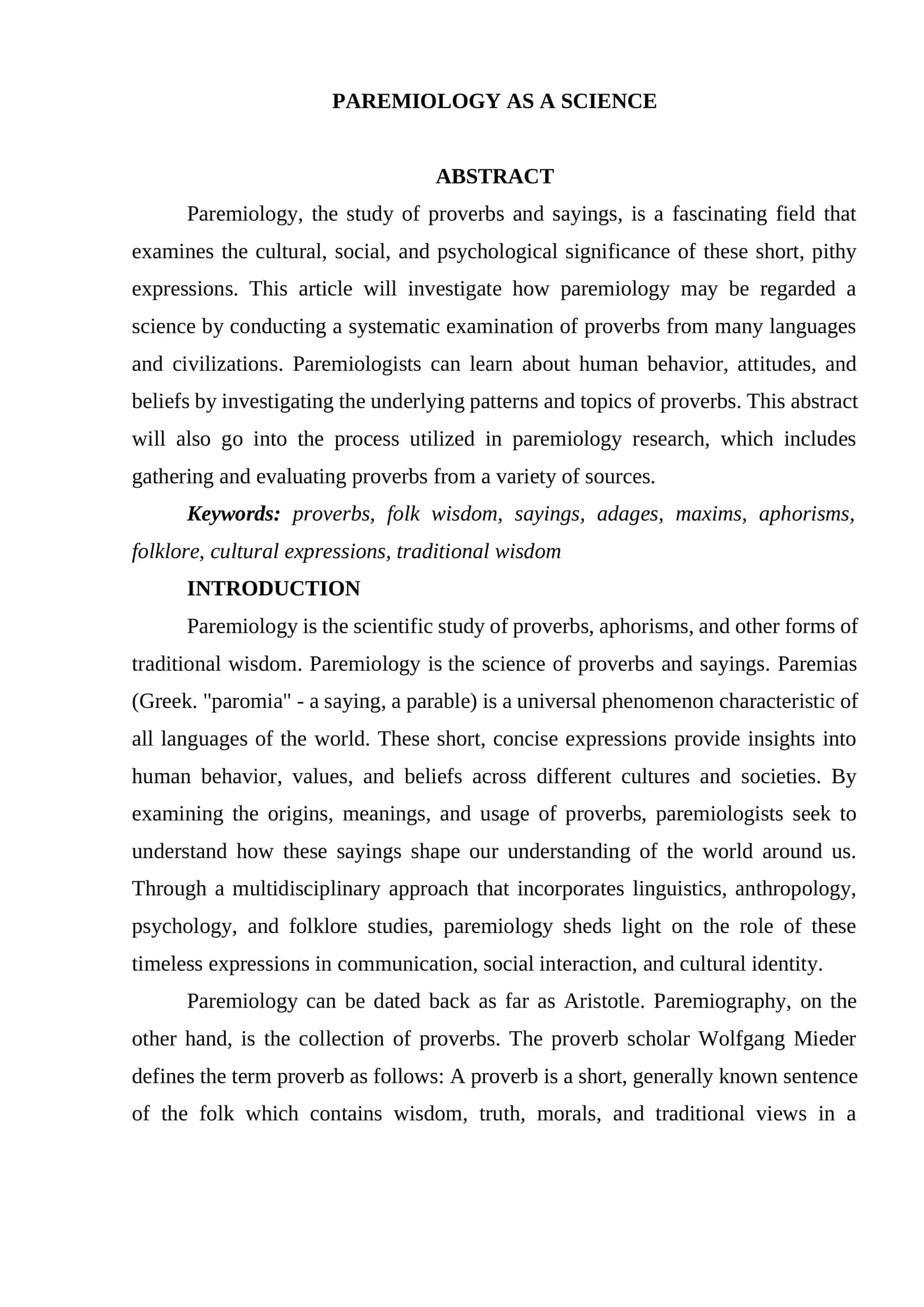 PAREMIOLOGY AS A SCIENCE 1