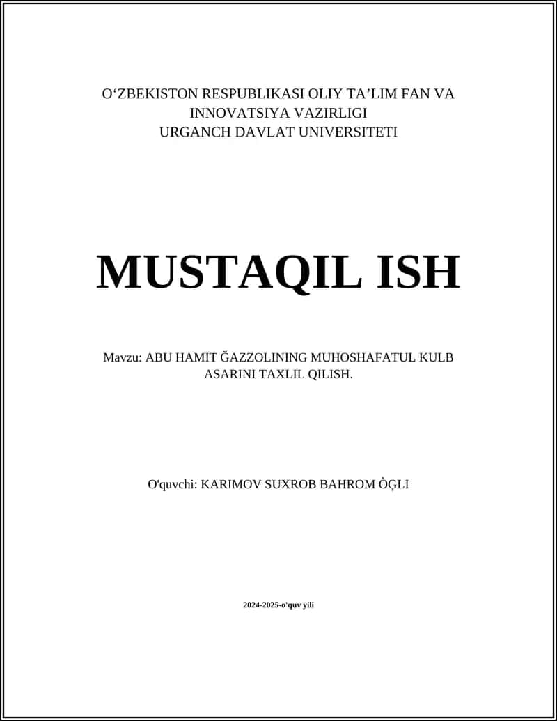 ABU HAMIT ĞAZZOLINING MUHOSHAFATUL KULB ASARINI TAXLIL QILISH