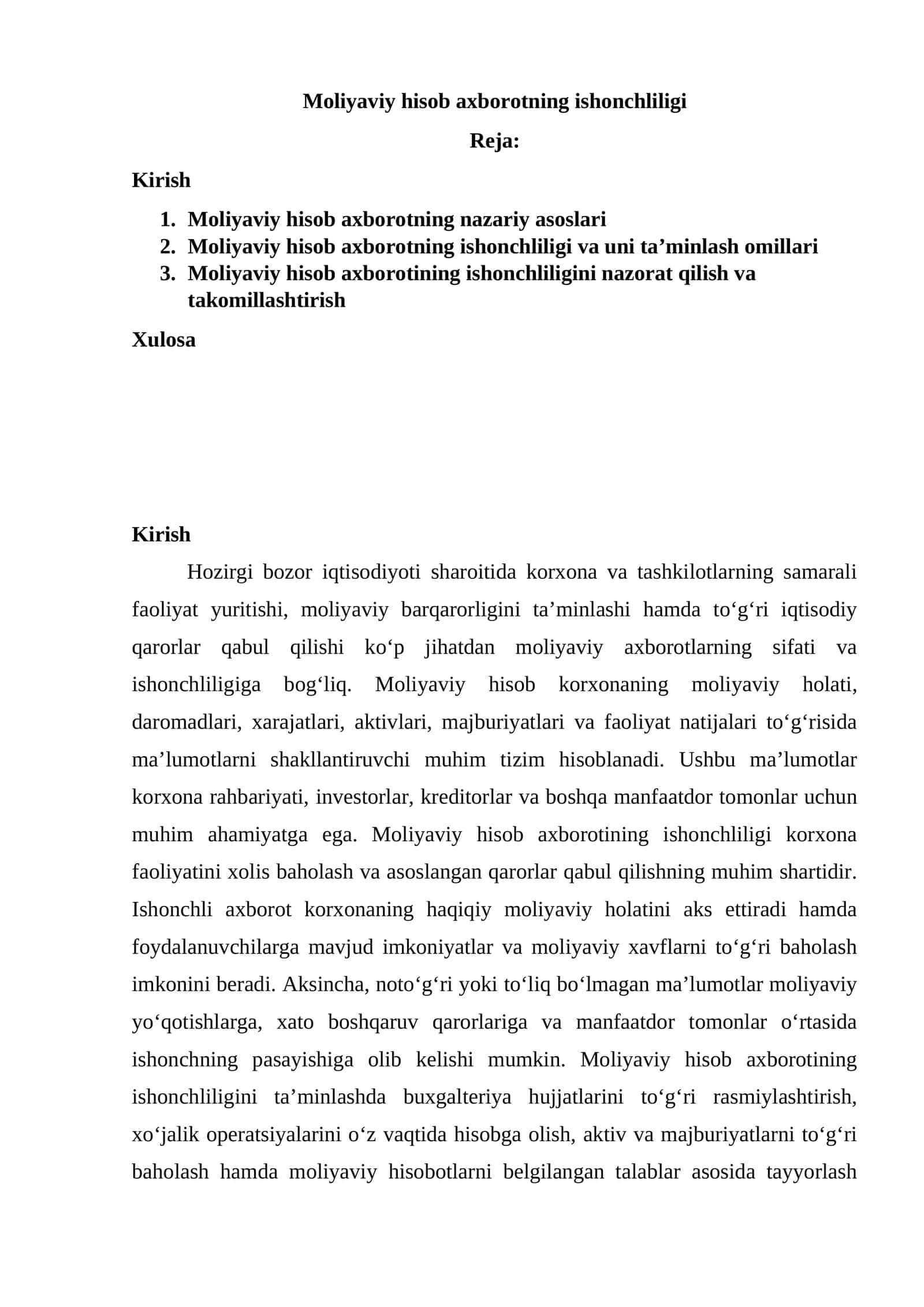 Moliyaviy hisob axborotning ishonchliligi 1