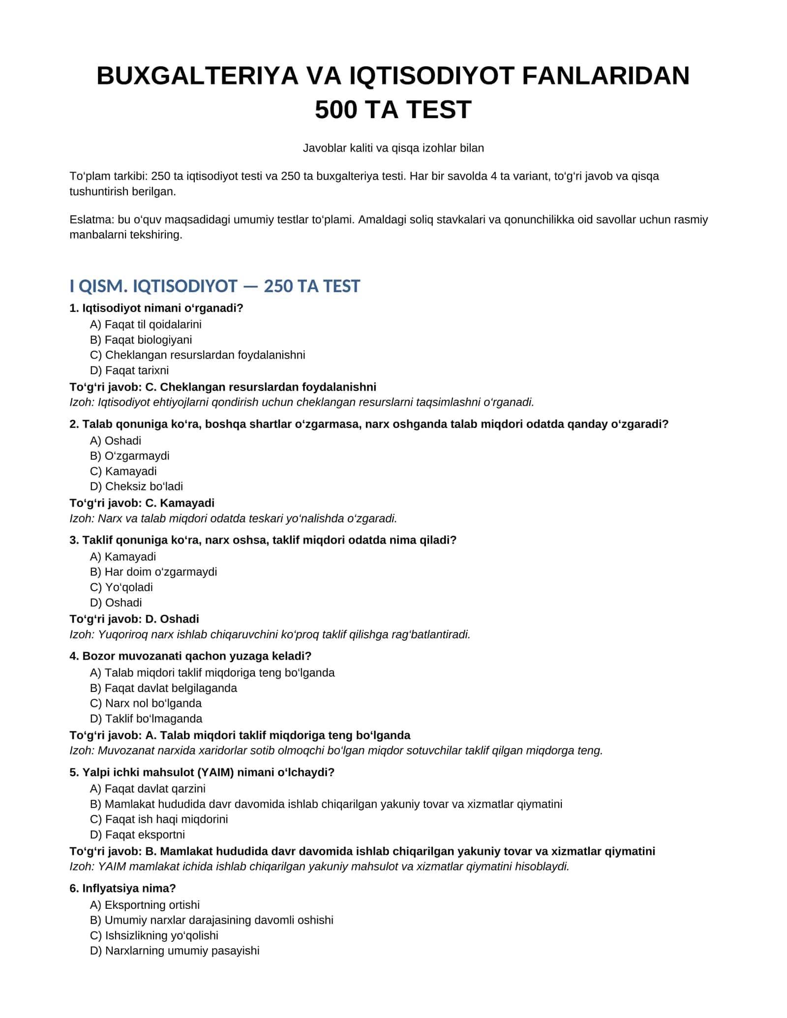 BUXGALTERIYA VA IQTISODIYOT FANLARIDAN 500 TA TEST 1