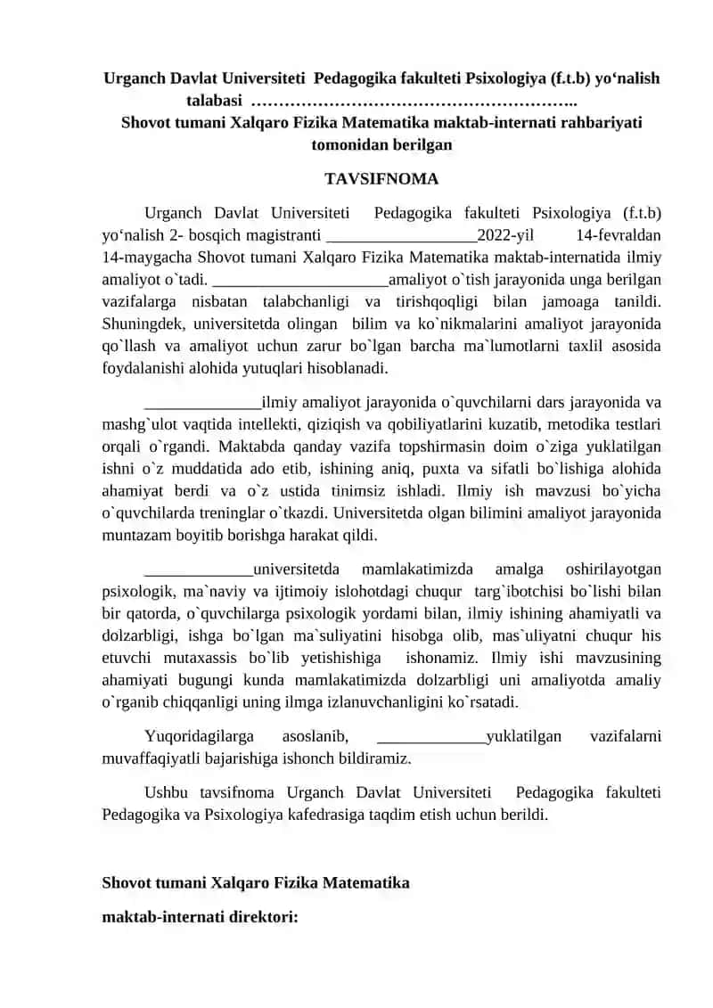 Psixologiya (f.t.b) yo‘nalish talabasi