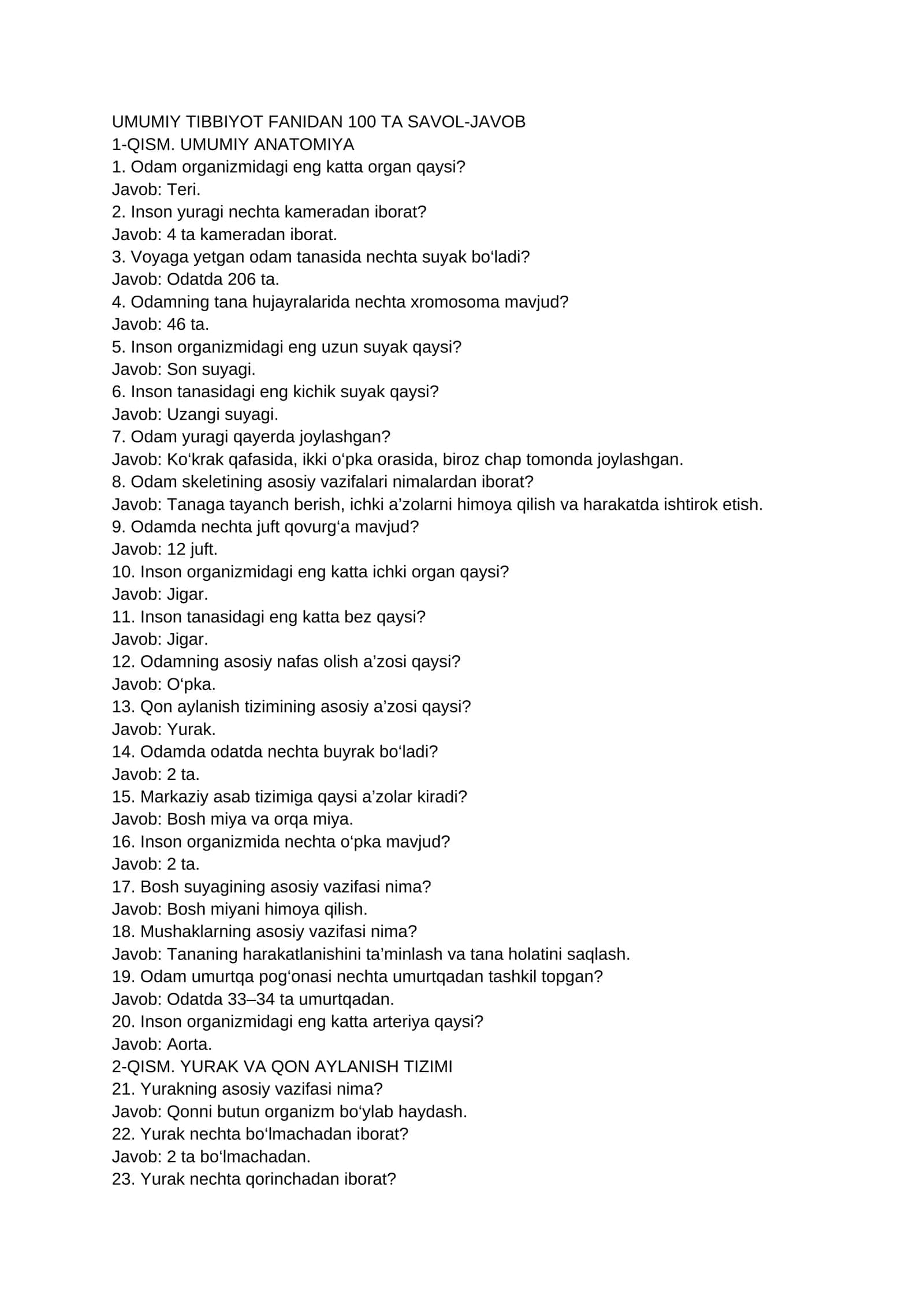 UMUMIY TIBBIYOT FANIDAN 100 TA SAVOL-JAVOB 1