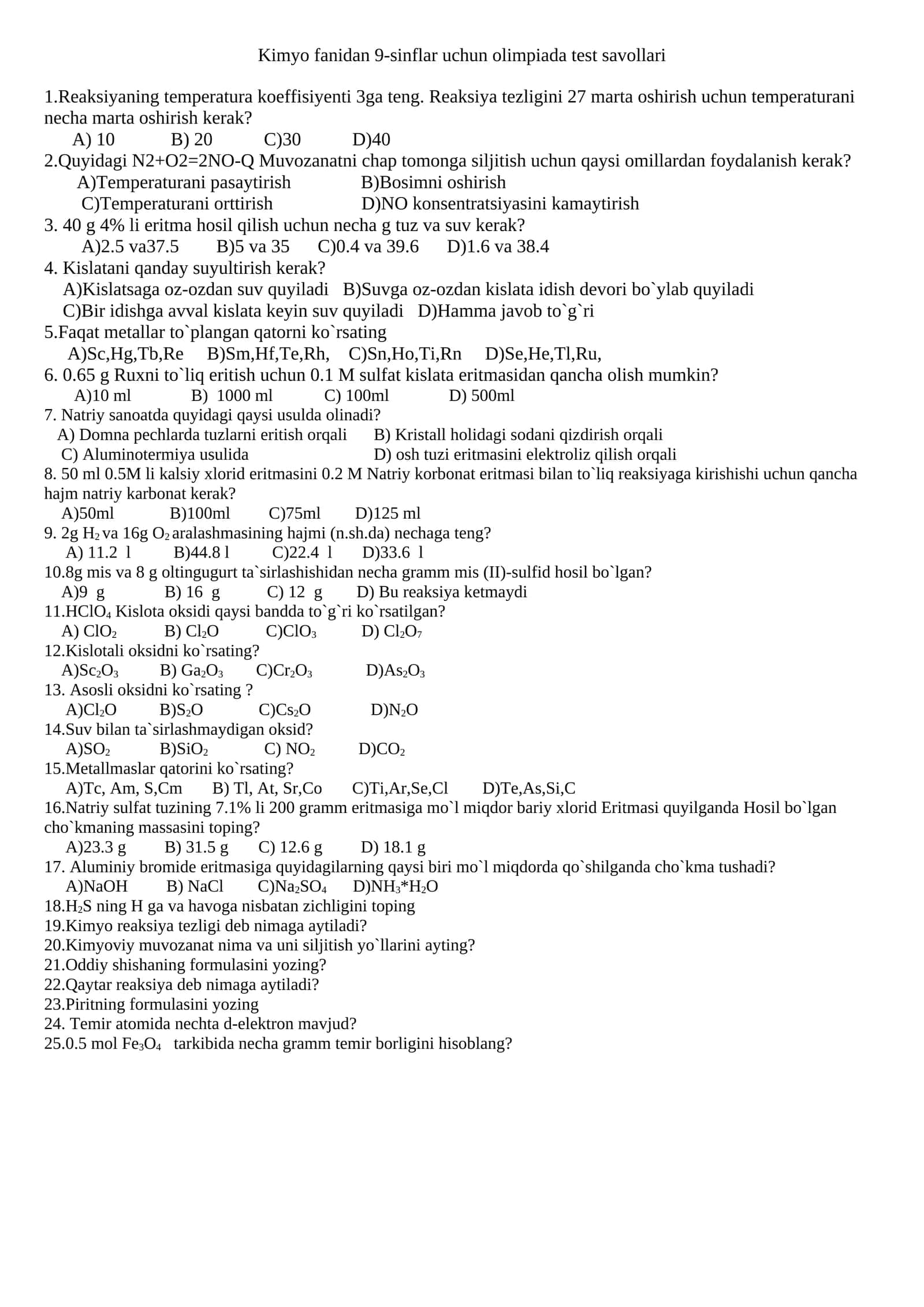 Kimyo fanidan 9-sinflar uchun olimpiada test savollari 1