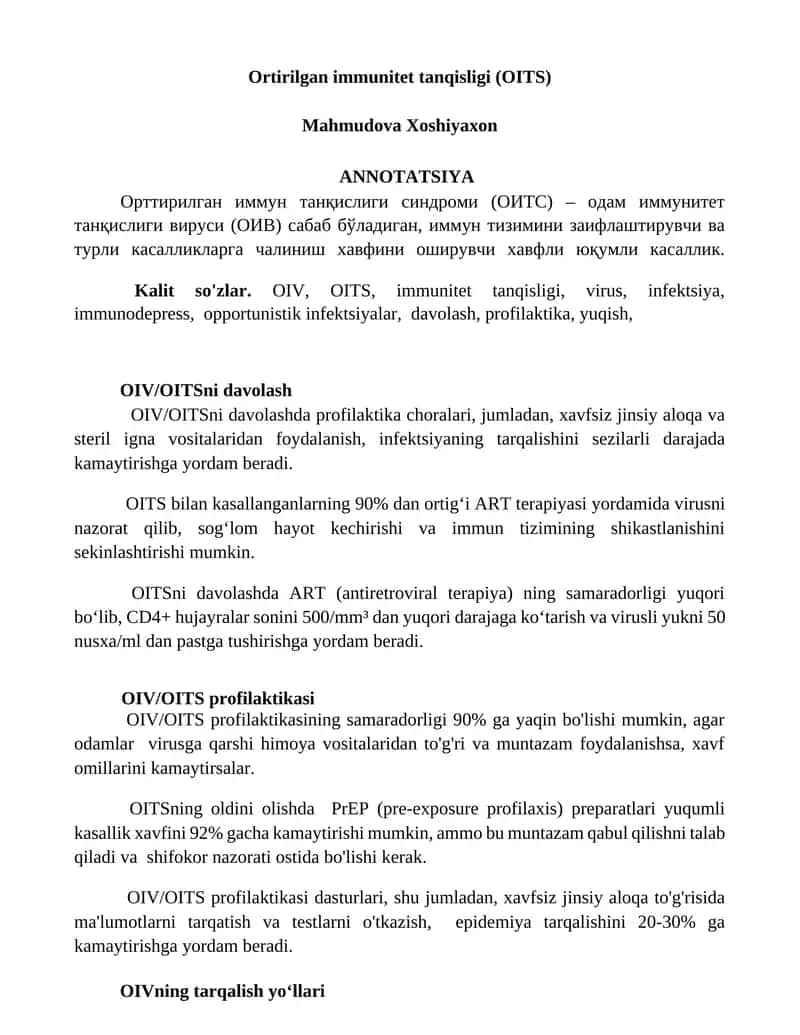 Ortirilgan immunitet tanqisligi (OITS) 1