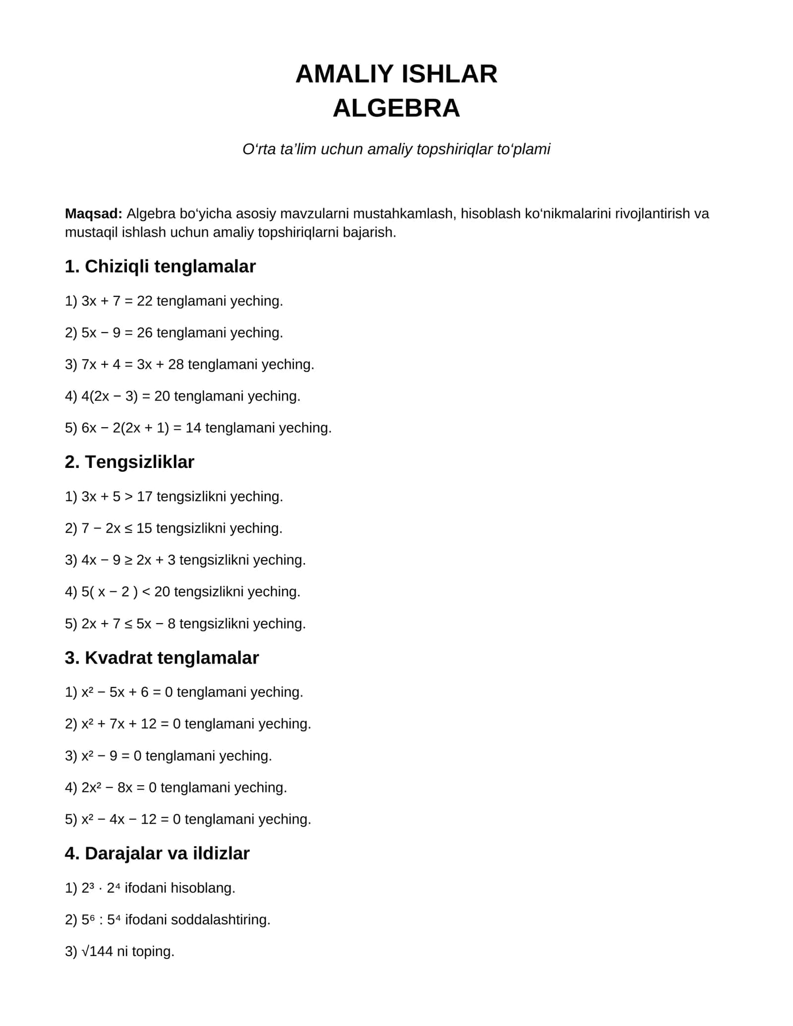 Amaliy ishlar | Algebra 1