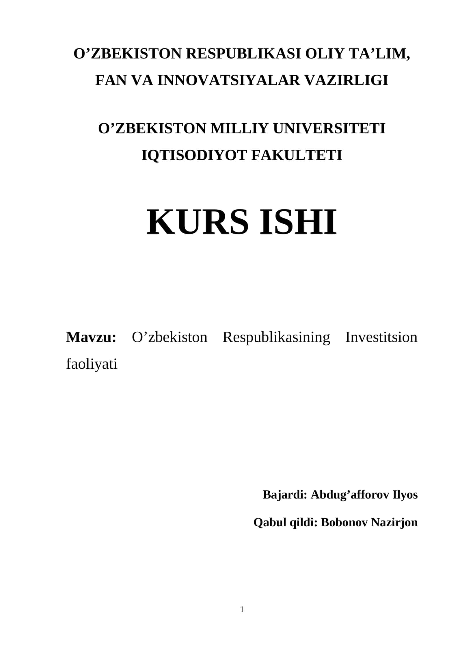 O’zbekiston Respublikasining Investitsion faoliyati 1