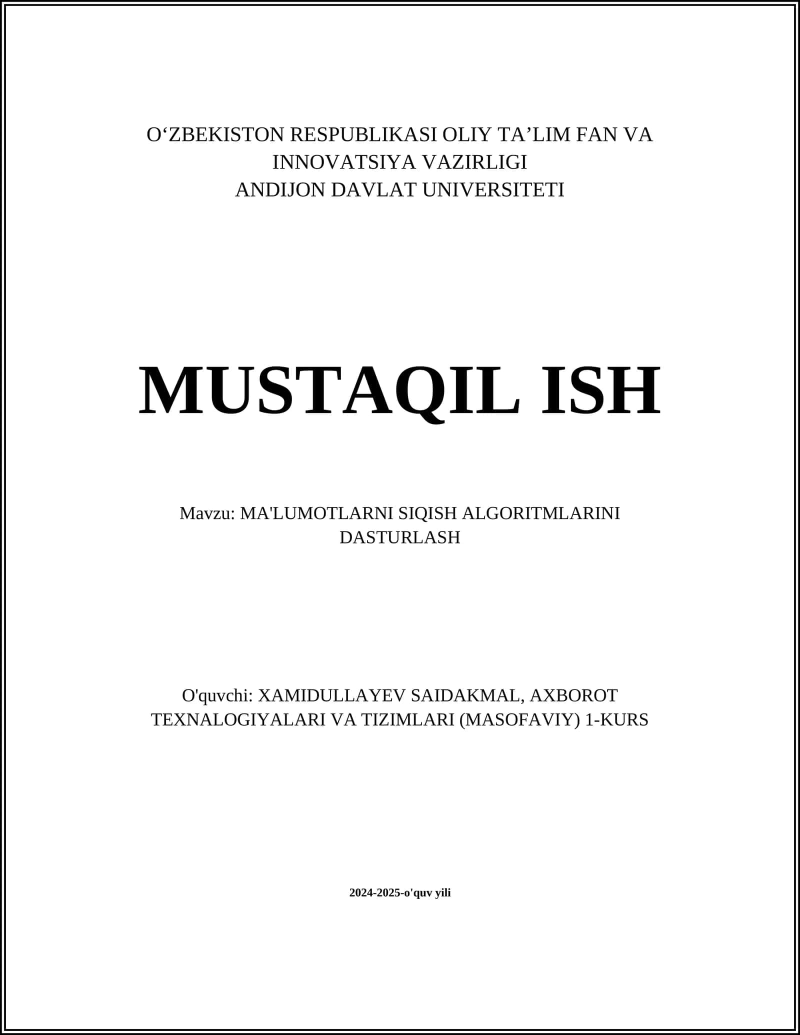 MA'LUMOTLARNI SIQISH ALGORITMLARINI DASTURLASH 1