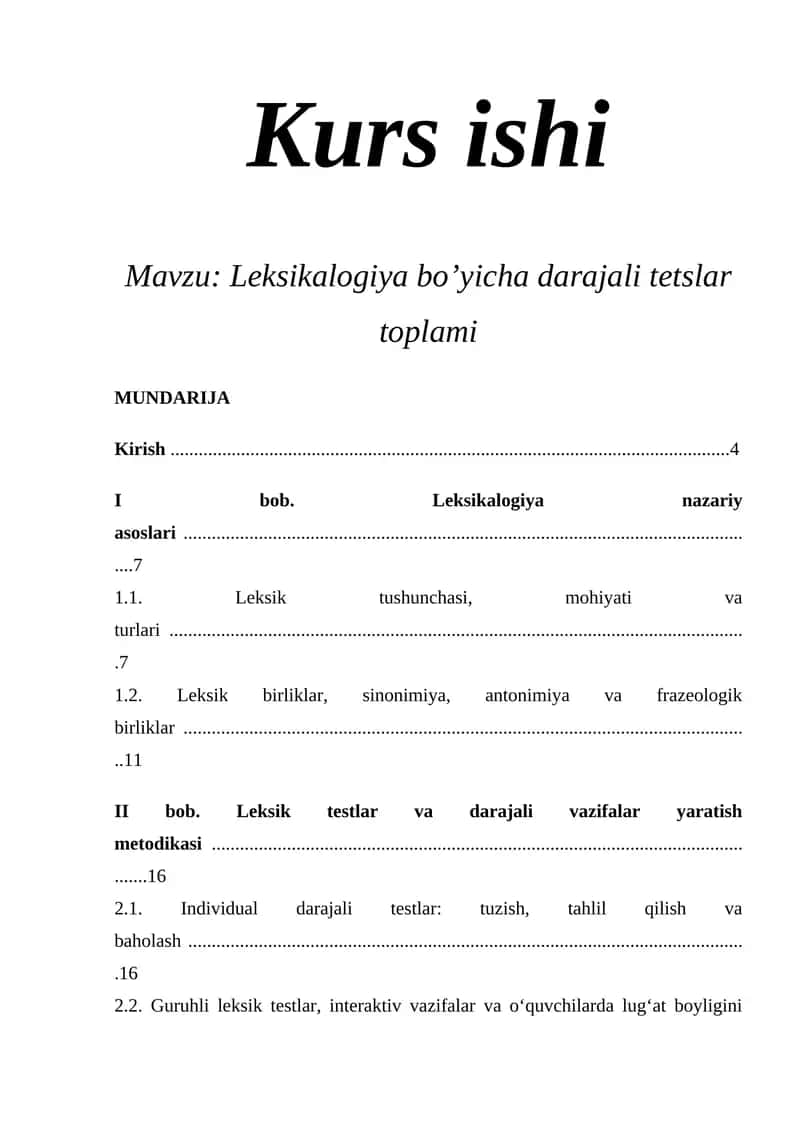 Leksikalogiya bo’yicha darajali tetslar toplami 1