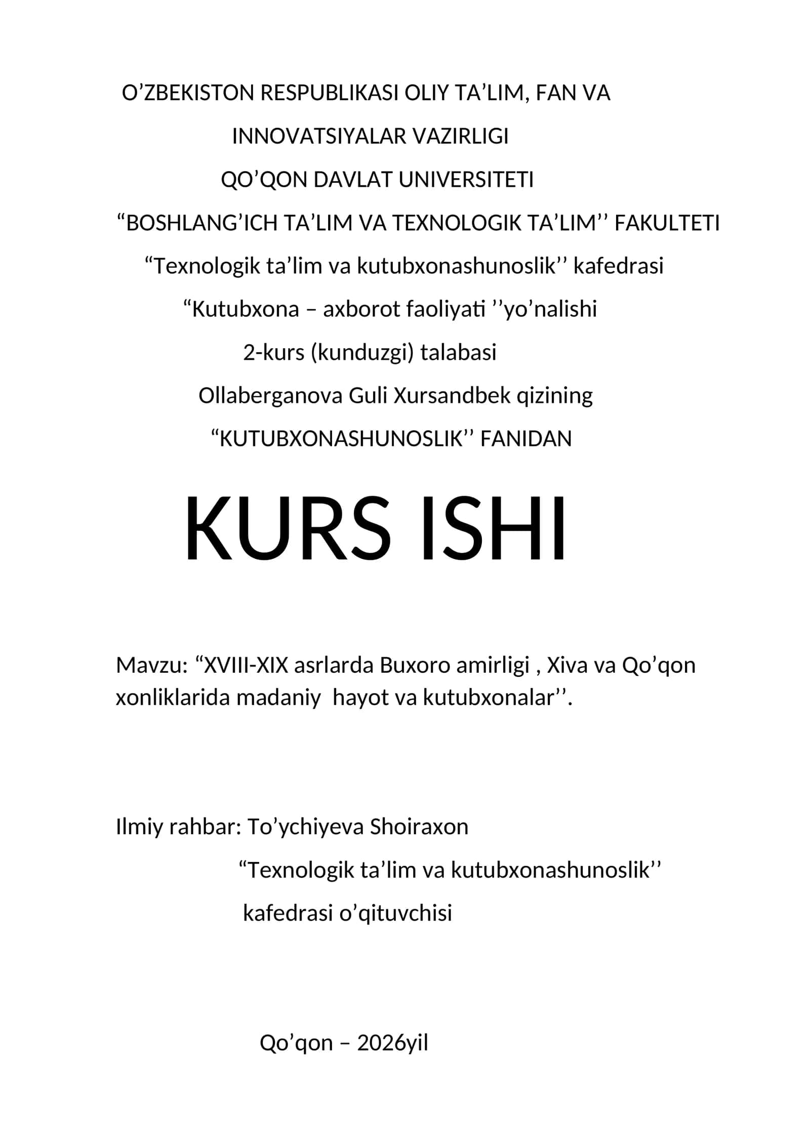 KUTUBXONASHUNOSLIK’’ FANIDAN KURS ISHI 1