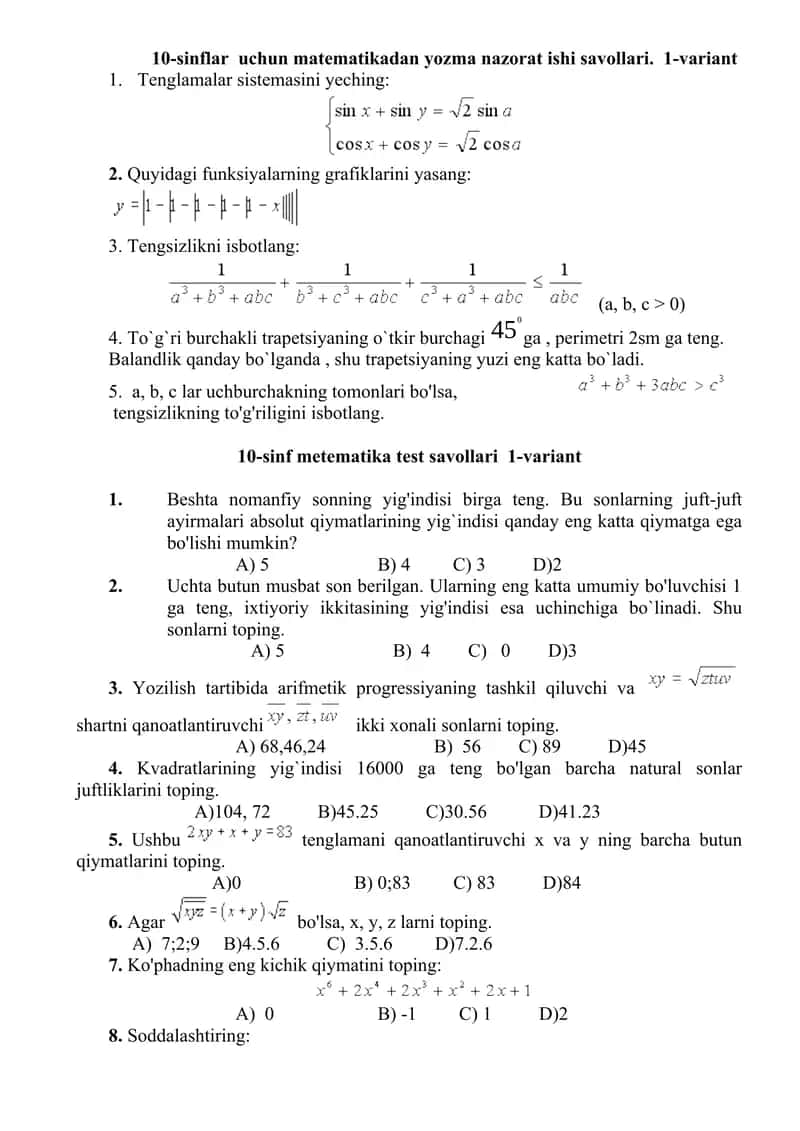 Matematikadan Olimpiada savollari 1