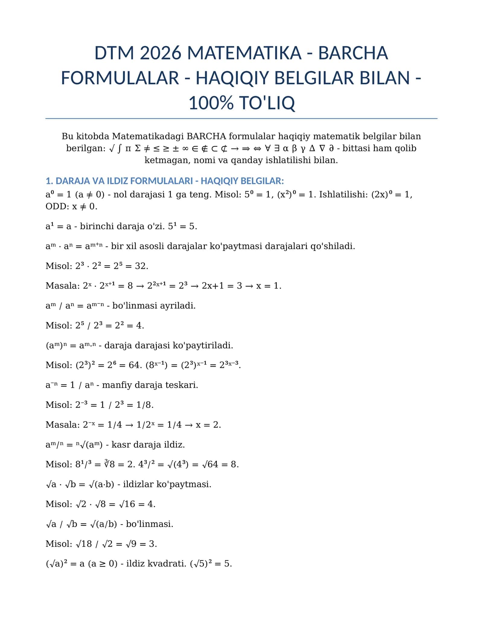 MATEMATIKA - BARCHA FORMULALAR - 100% TO'LIQ 1