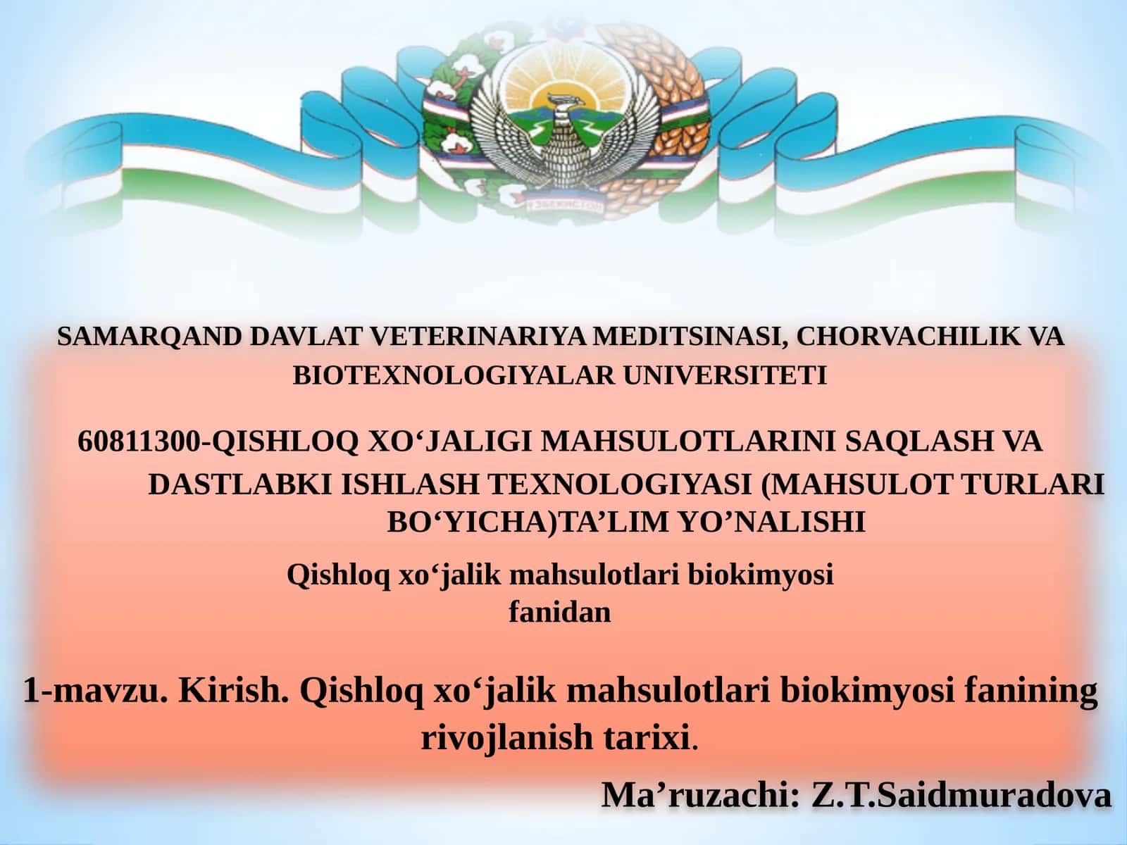 Qishloq xoʻjalik mahsulotlari biokimyosi fanidan 1-mavzu.Kirish. Qishloq xoʻjalik mahsulotlari biokimyosi fanining rivojlanish tarixi 1
