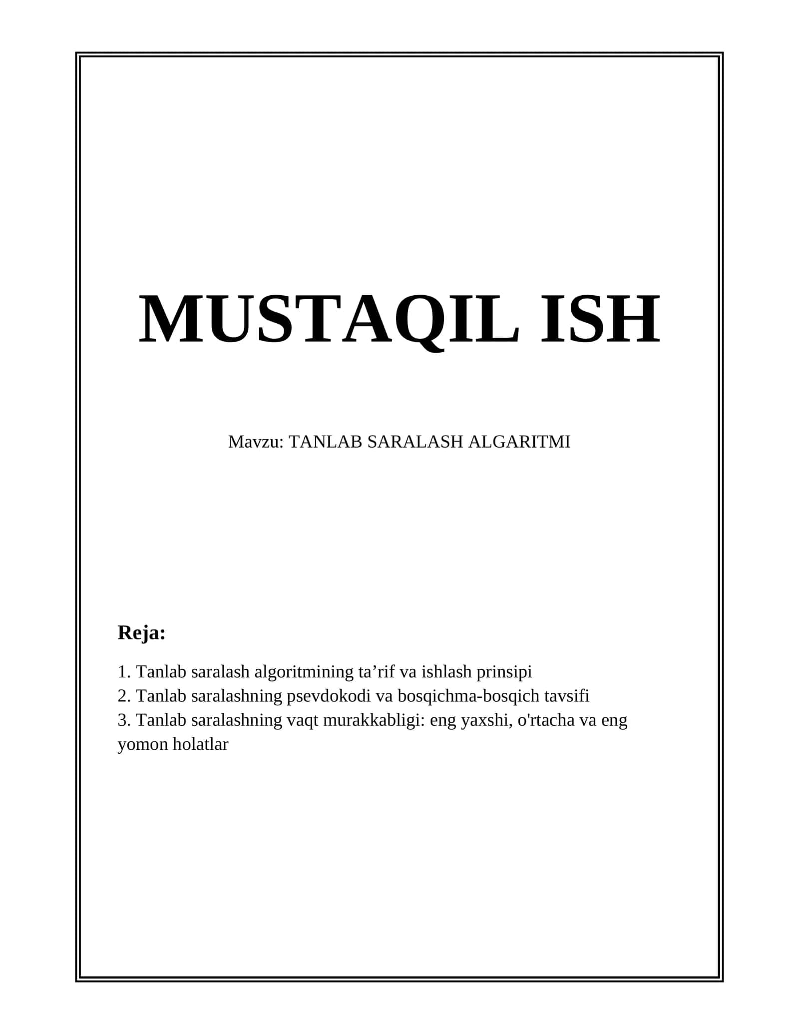 TANLAB SARALASH ALGARITMI 1