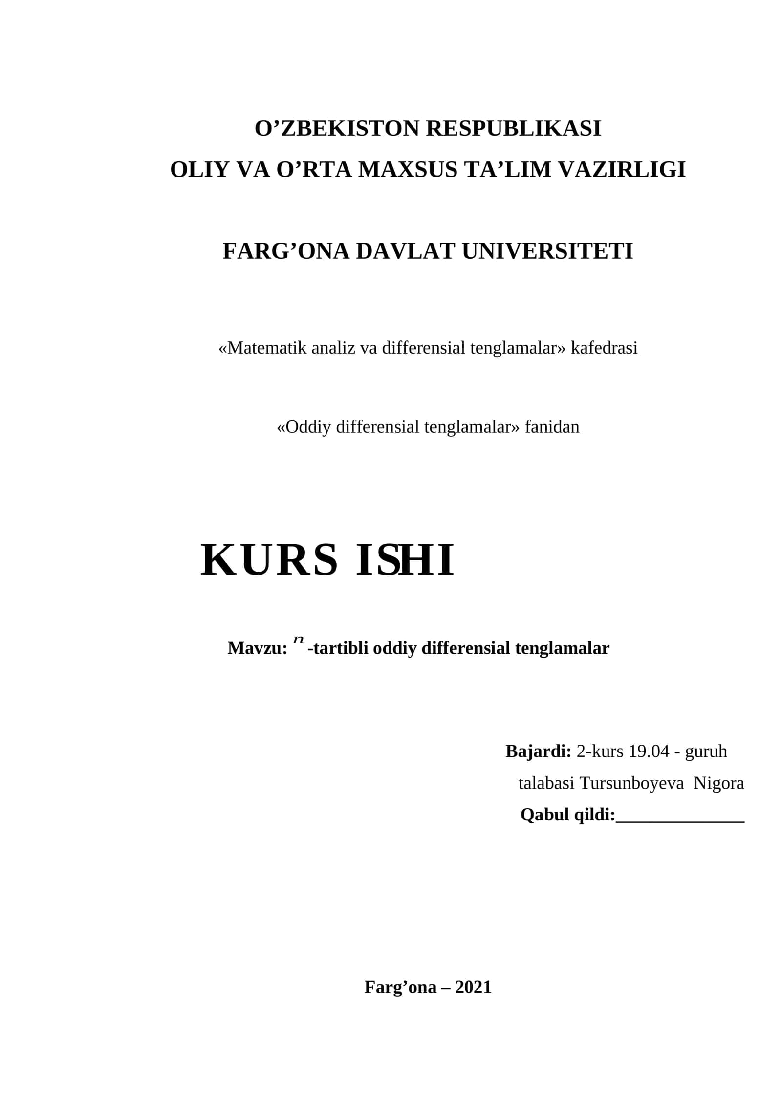 Tartibli Oddiy Differensial Tenglamalar 1