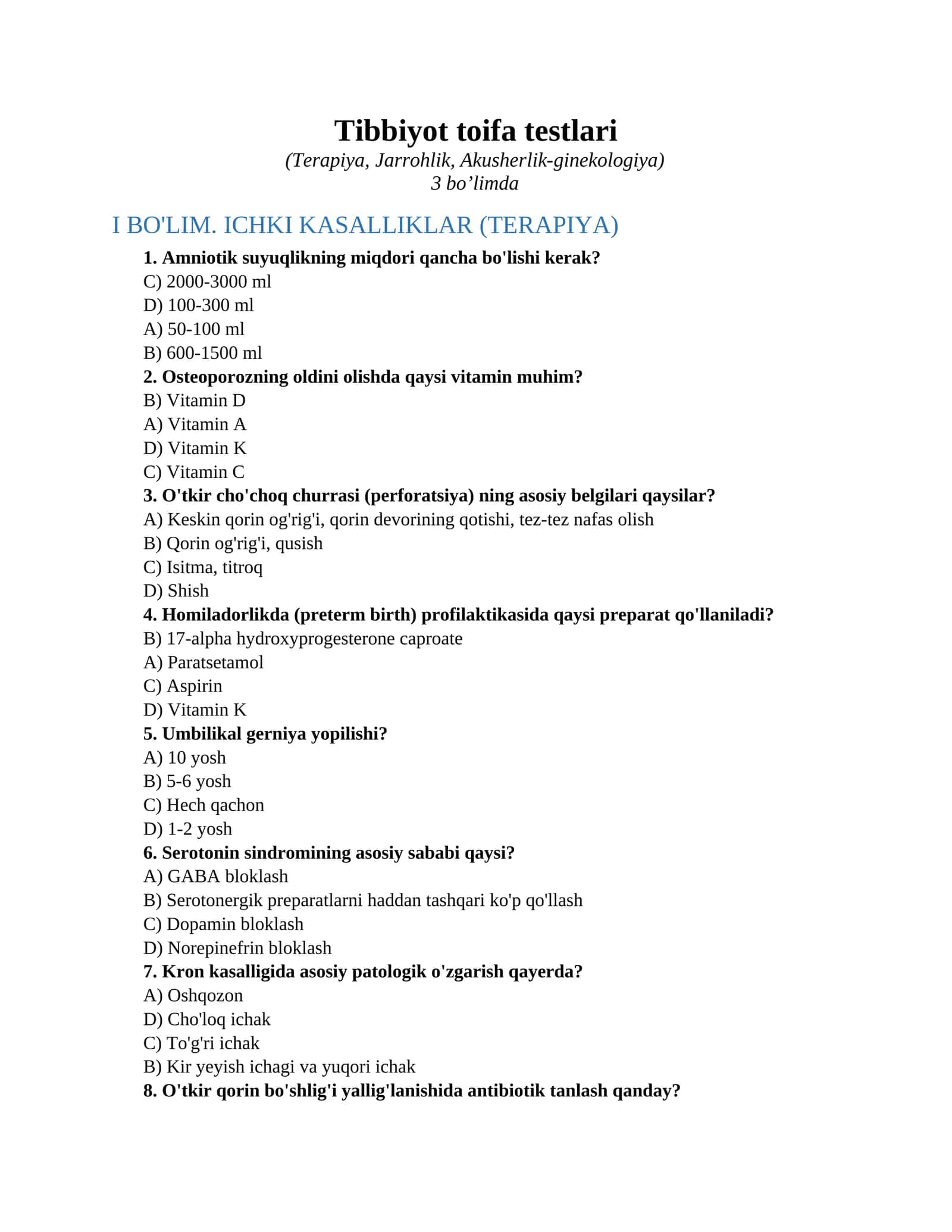 Tibbiyot toifa testlari 1