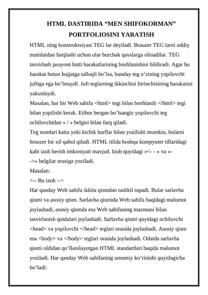HTML DASTIRIDA “MEN SHIFOKORMAN” PORTFOLIOSINI YARATISH