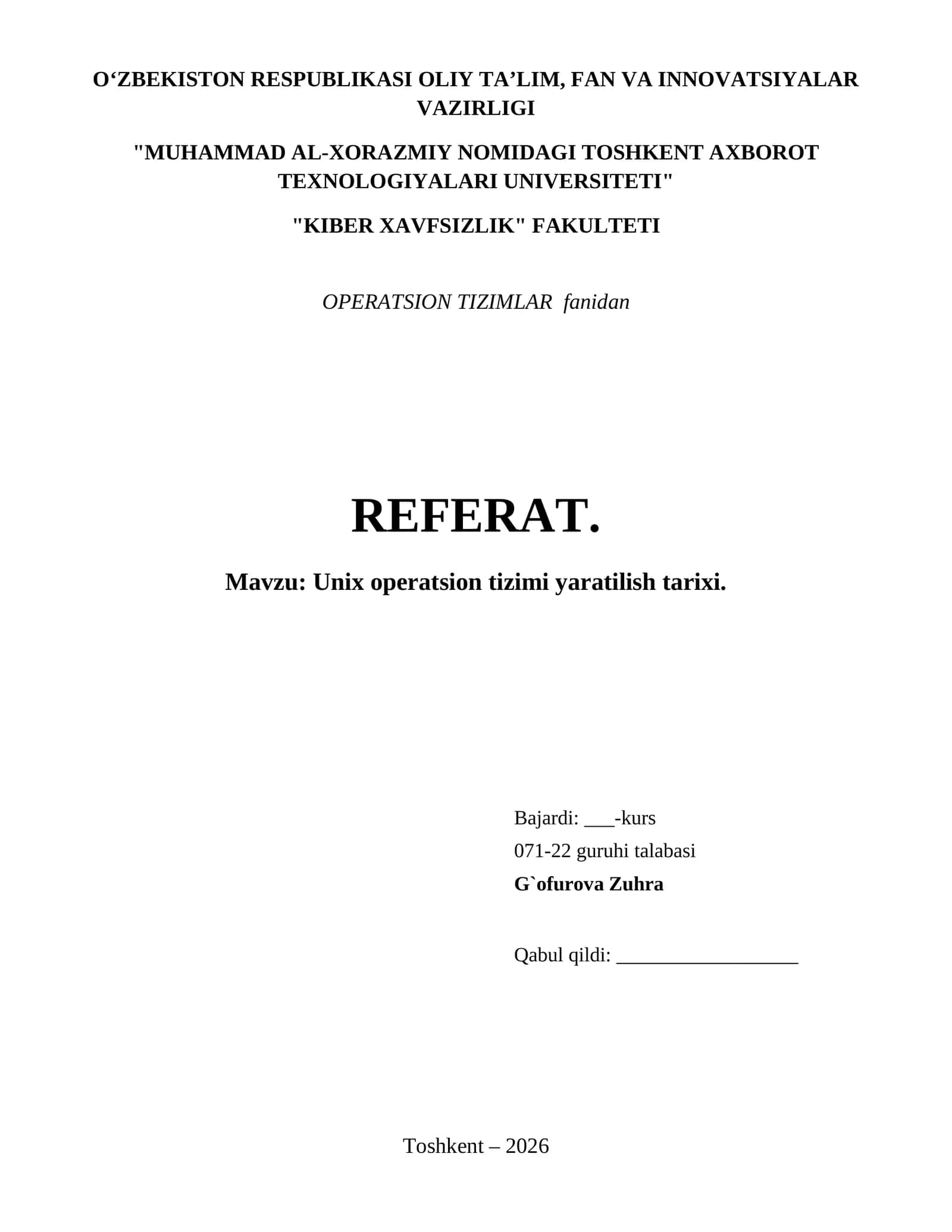 Unix operatsion tizimi yaratilish tarixi. 1