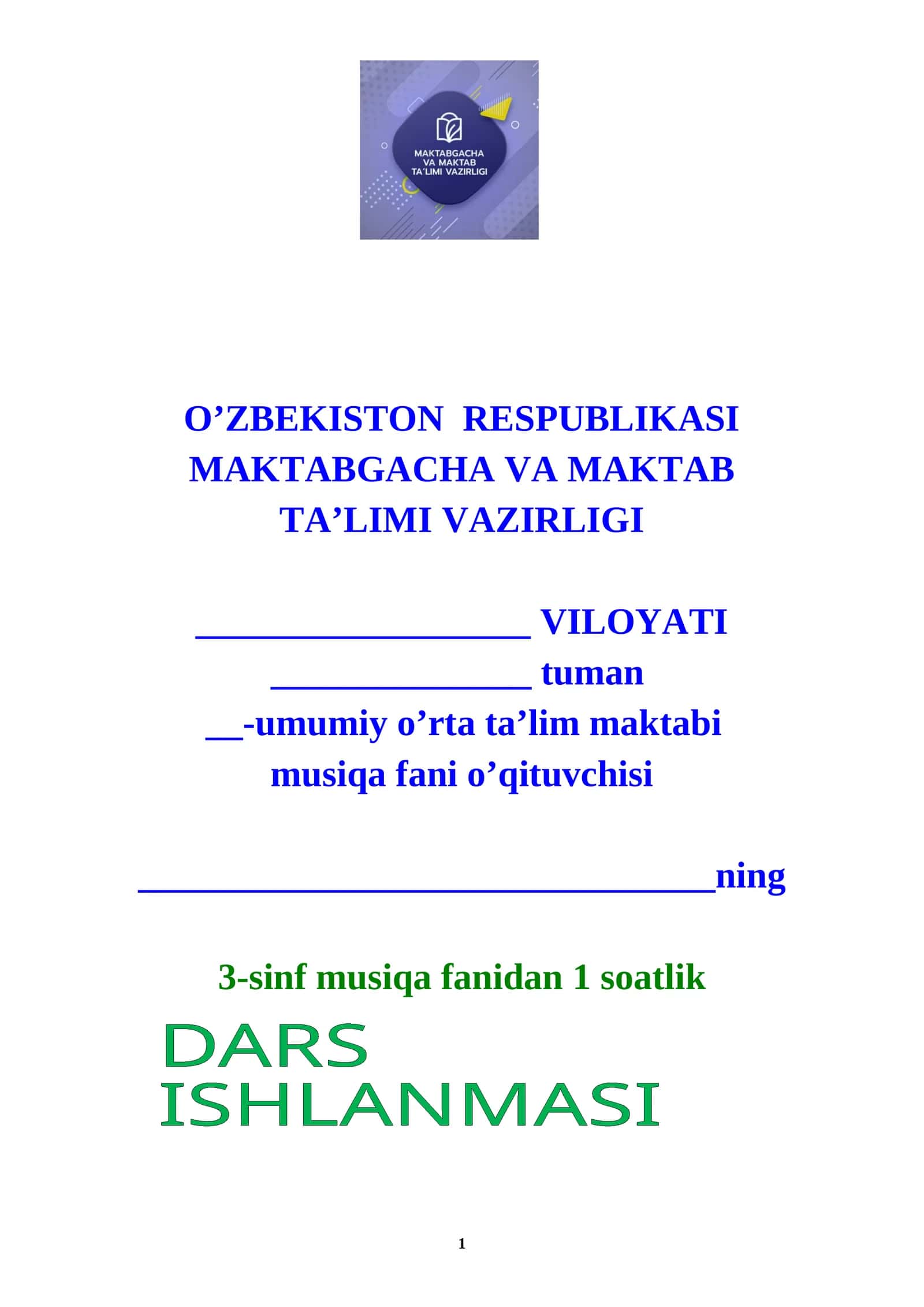 3-sinf Musiqa fani dars ishlanmasi 1