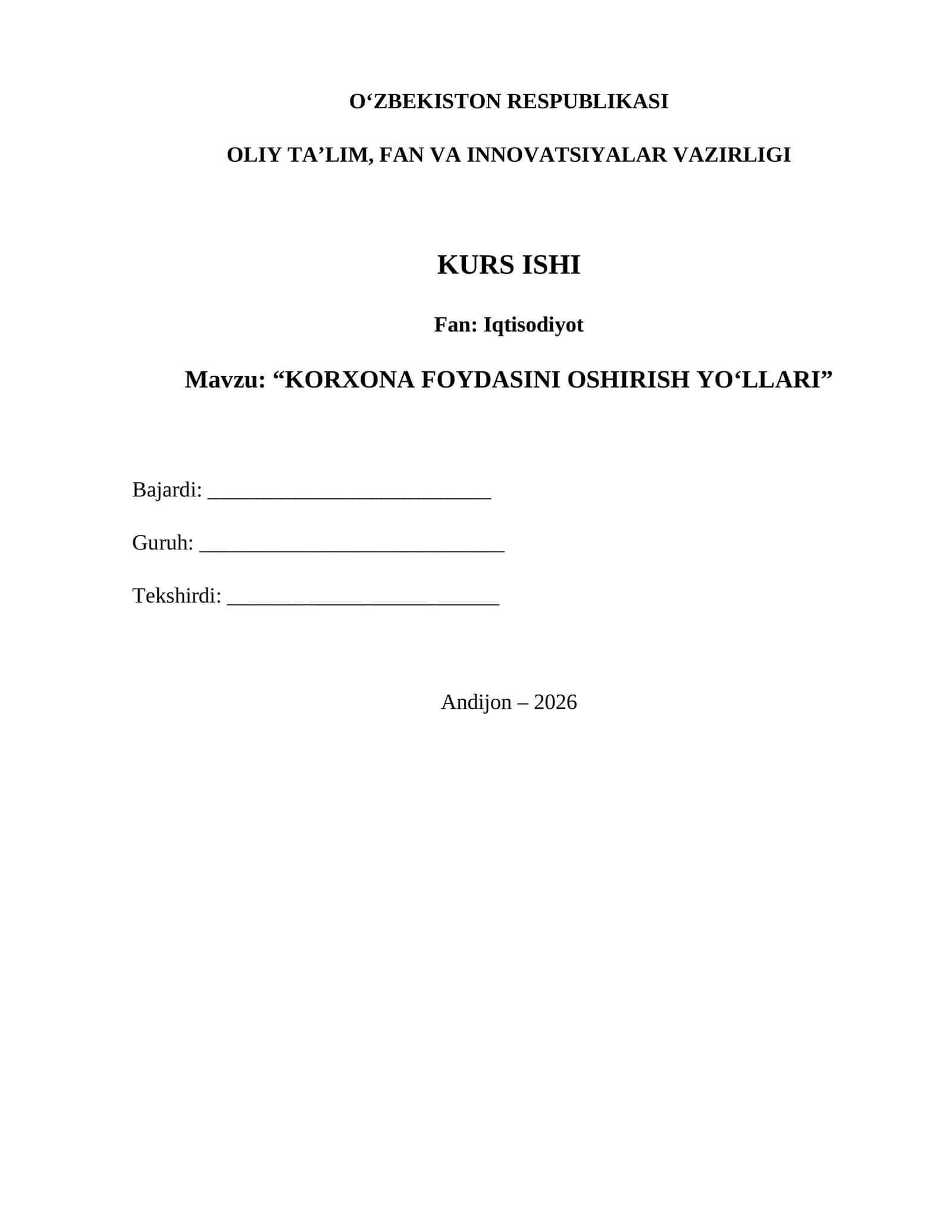 Korxona foydasini oshirish yo‘llari — tayyor kurs ishi 1