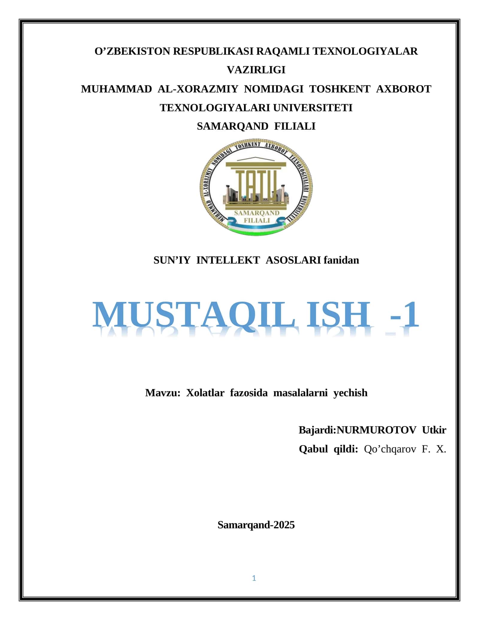 Xolatlar fazosida masalalarni yechish 1