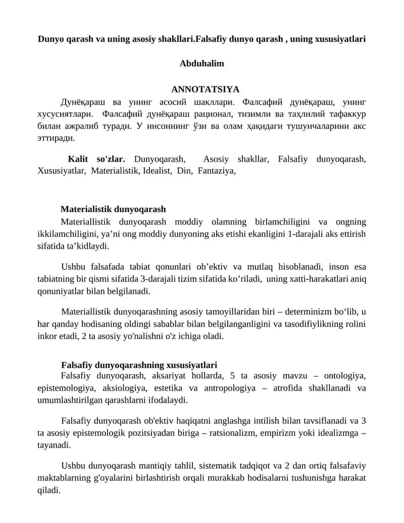 Dunyo qarash va uning asosiy shakllari 1