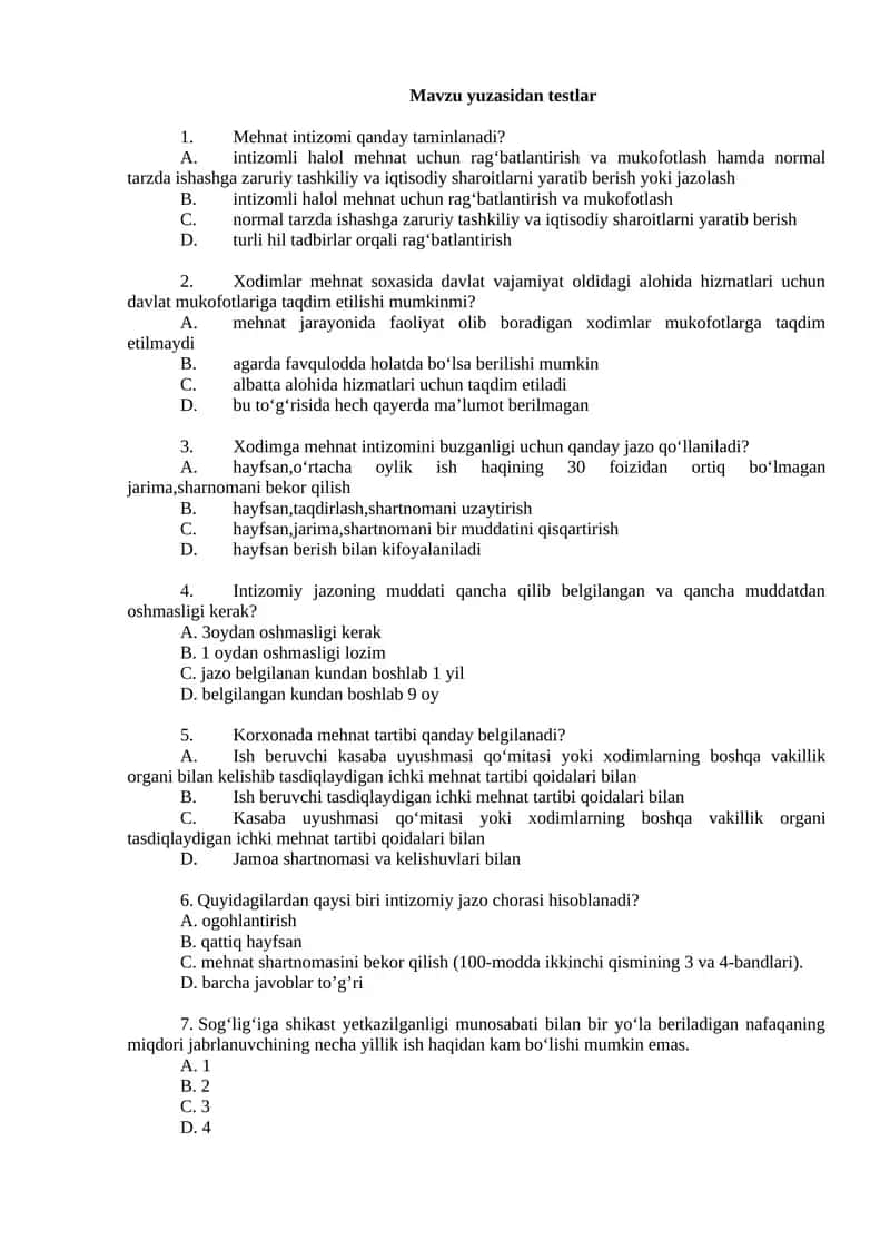 Mavzu yuzasidan testlar 1