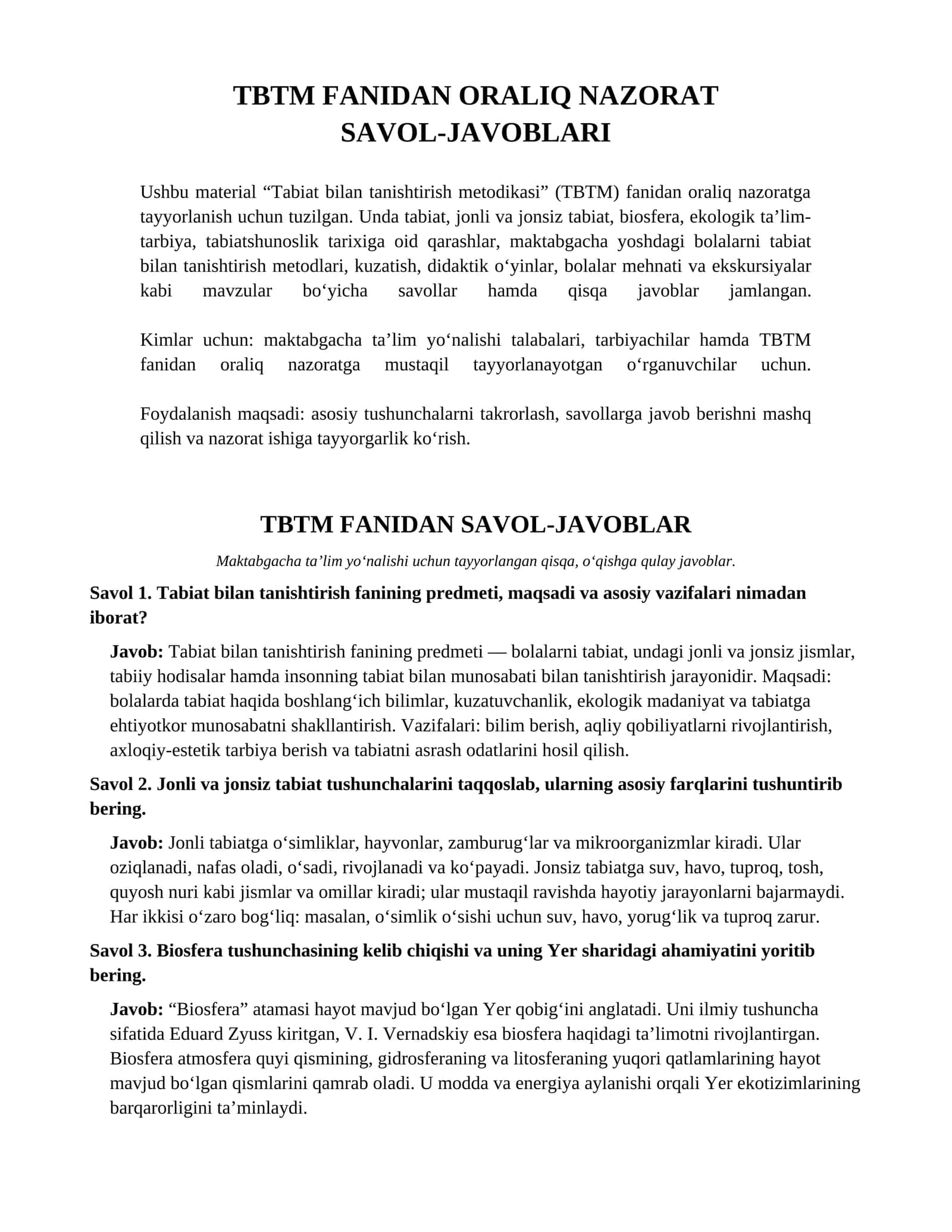 TBTM FANIDAN ORALIQ NAZORAT SAVOL-JAVOBLARI 1