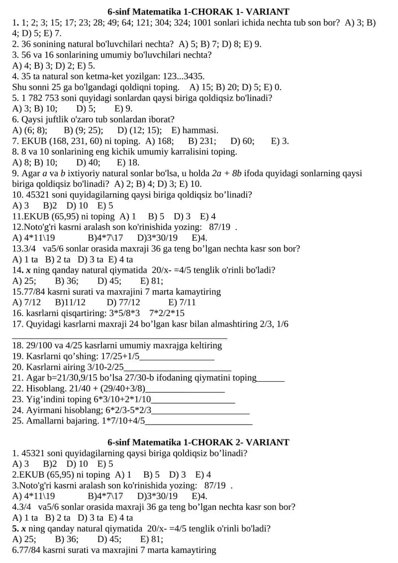 6-sinf Matematika 1-CHORAK 1- VARIANT 1
