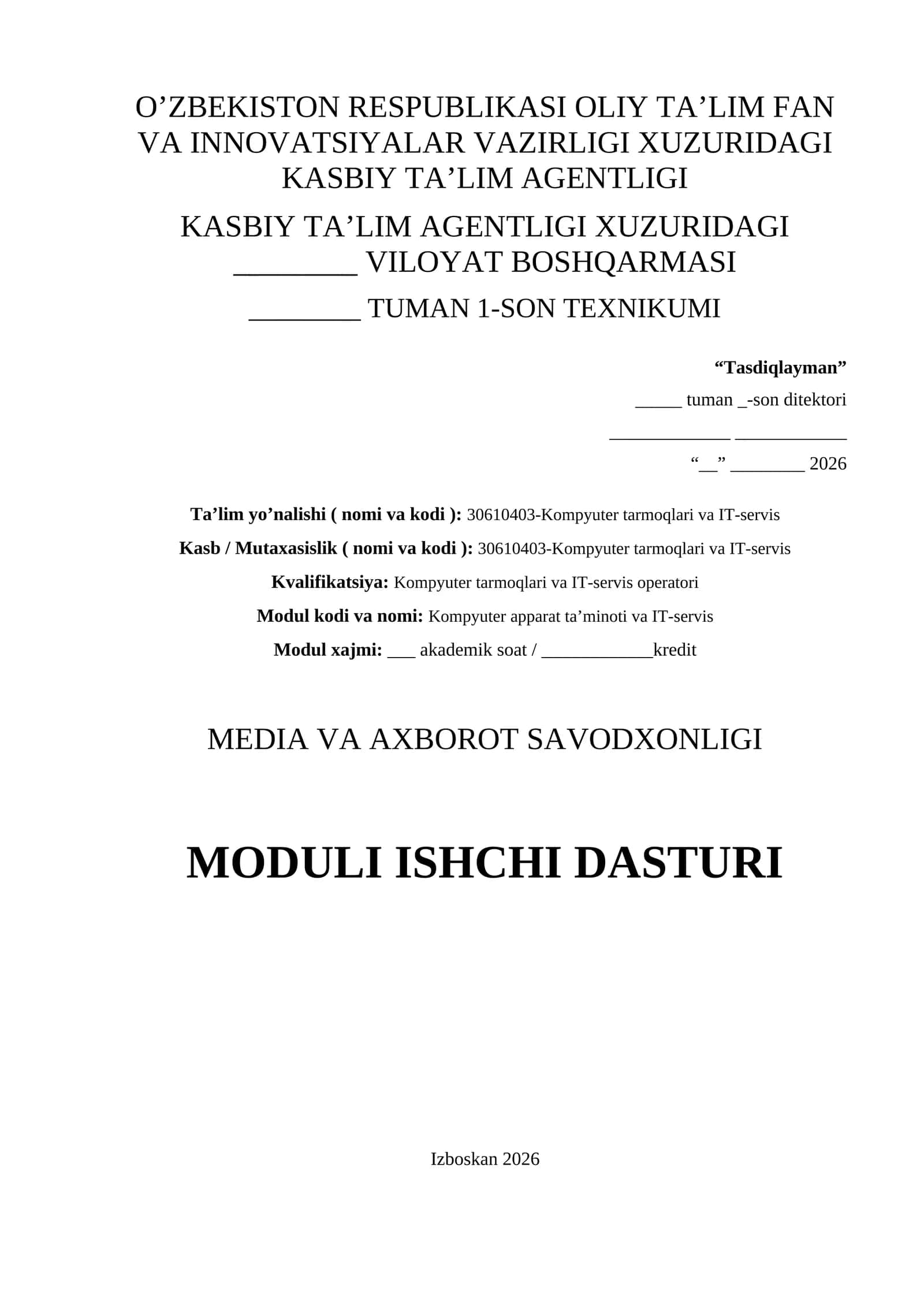 Media savodxonligi fanidan ishchi dastur modul bo'yicha 1