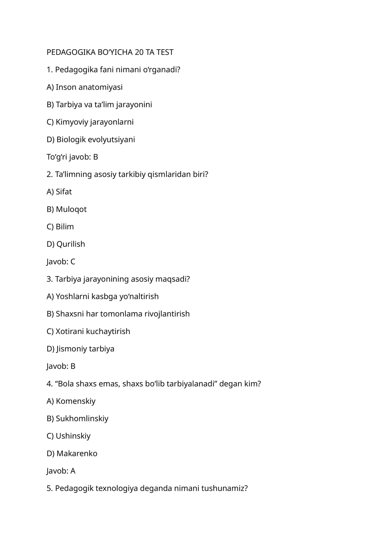 PEDAGOGIKA BO‘YICHA 20 TA TEST 1