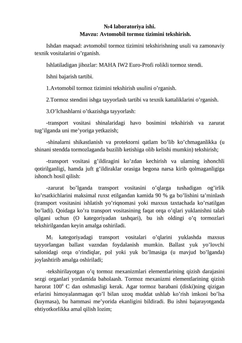 Avtomobil tormoz tizimini tekshirish 1