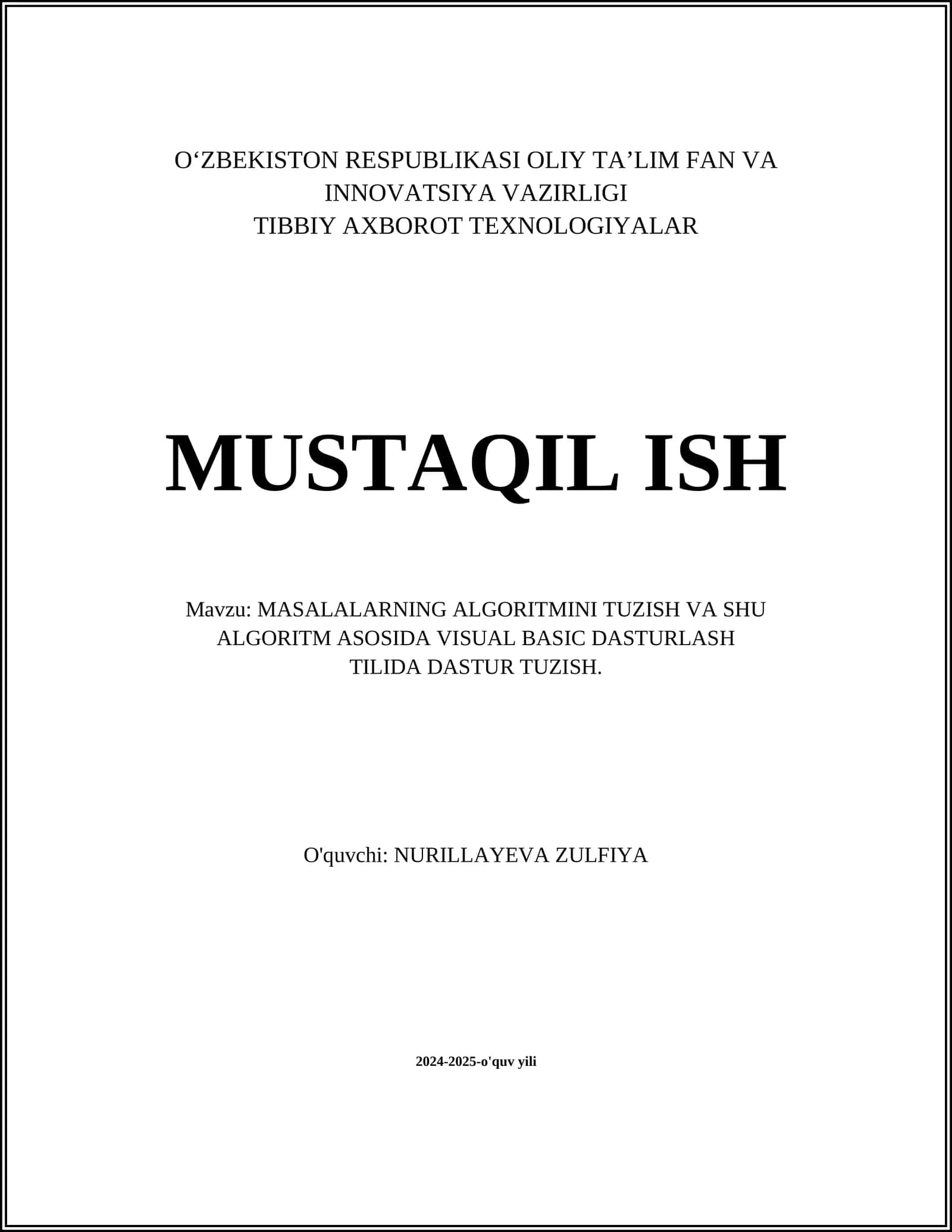 MASALALARNING ALGORITMINI TUZISH VA SHU ALGORITM ASOSIDA VISUAL BASIC DASTURLASH TILIDA DASTUR TUZISH 1