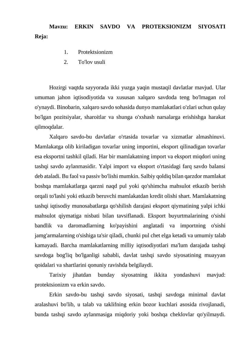 ERKIN SAVDO VA PROTEKSIONIZM SIYOSATI 1