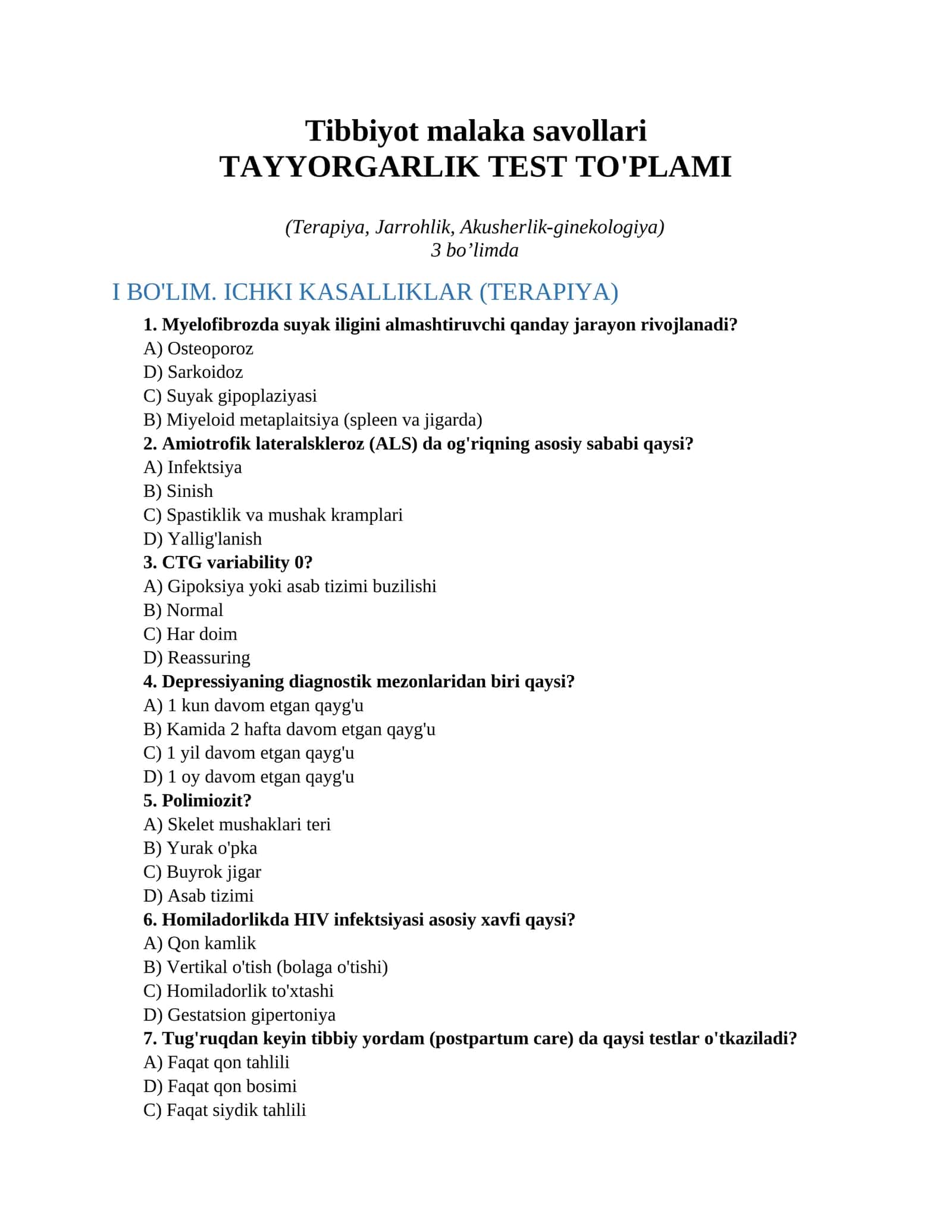 Tibbiyot malaka savollari 1