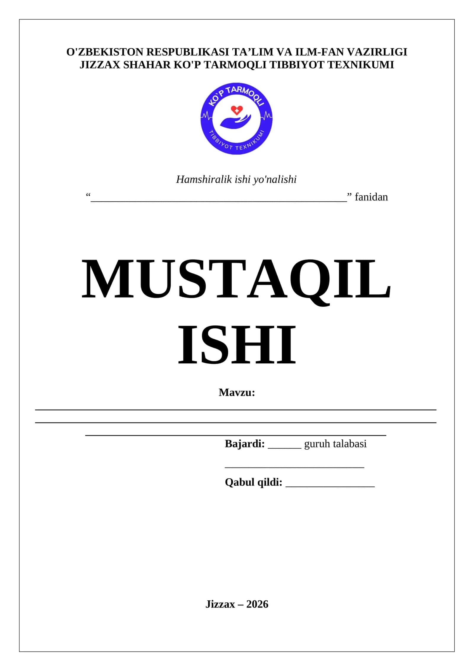 MUSTAQIL ISHI- Mavzu: _____________________________________________________ 1