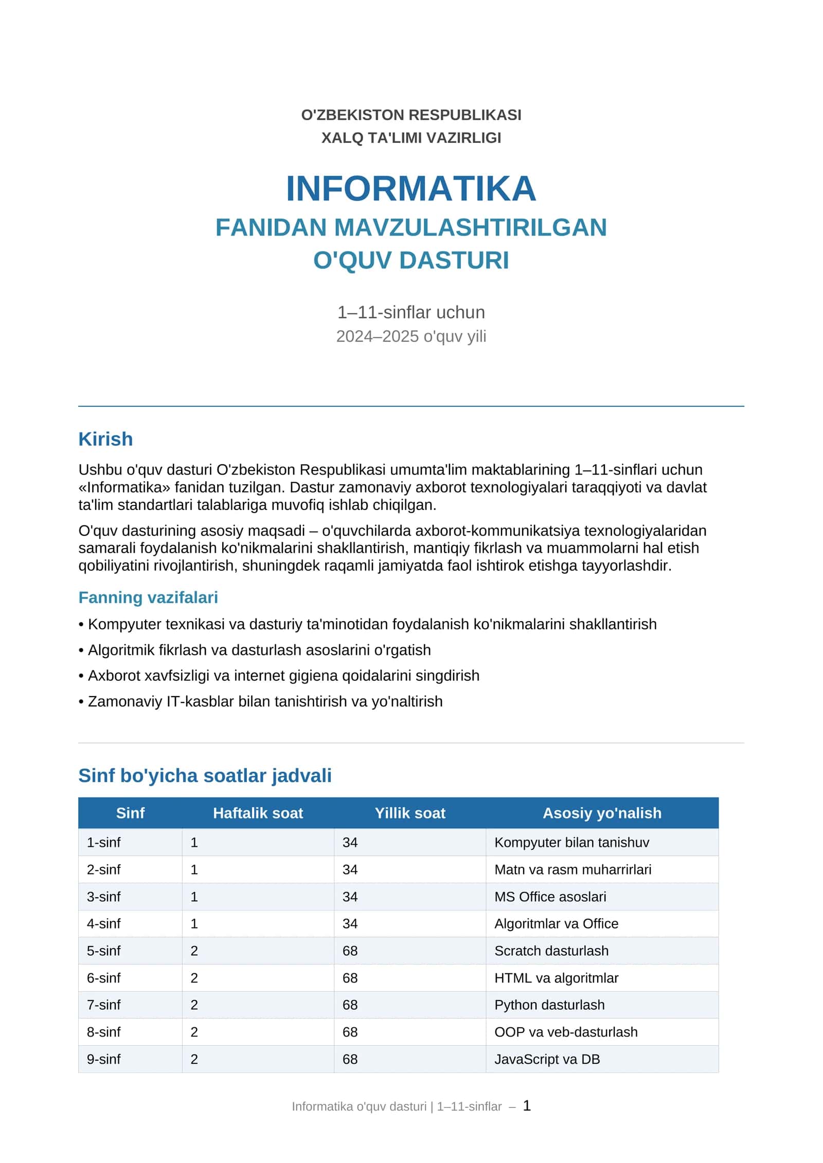 O'quv dasturi "Informatika" fanidan 1