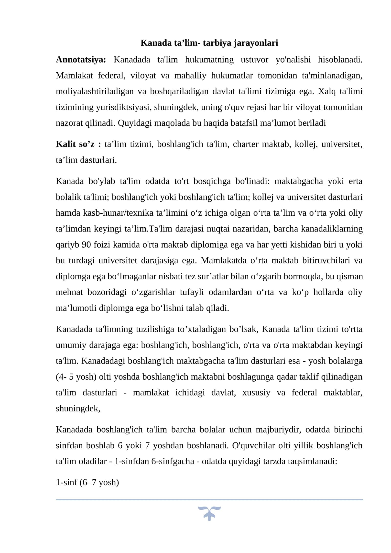 Kanada ta’lim- tarbiya jarayonlari 1