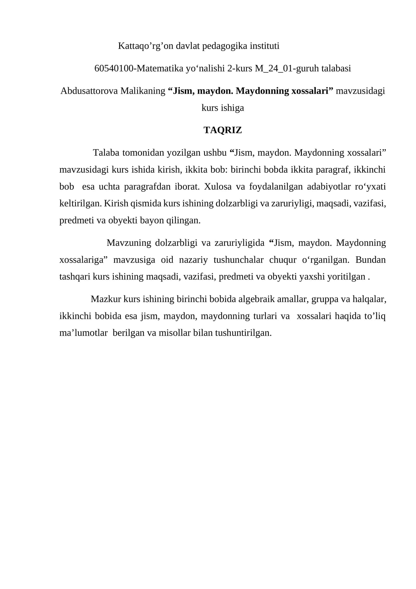 Jism, maydon. Maydonning xossalari 1