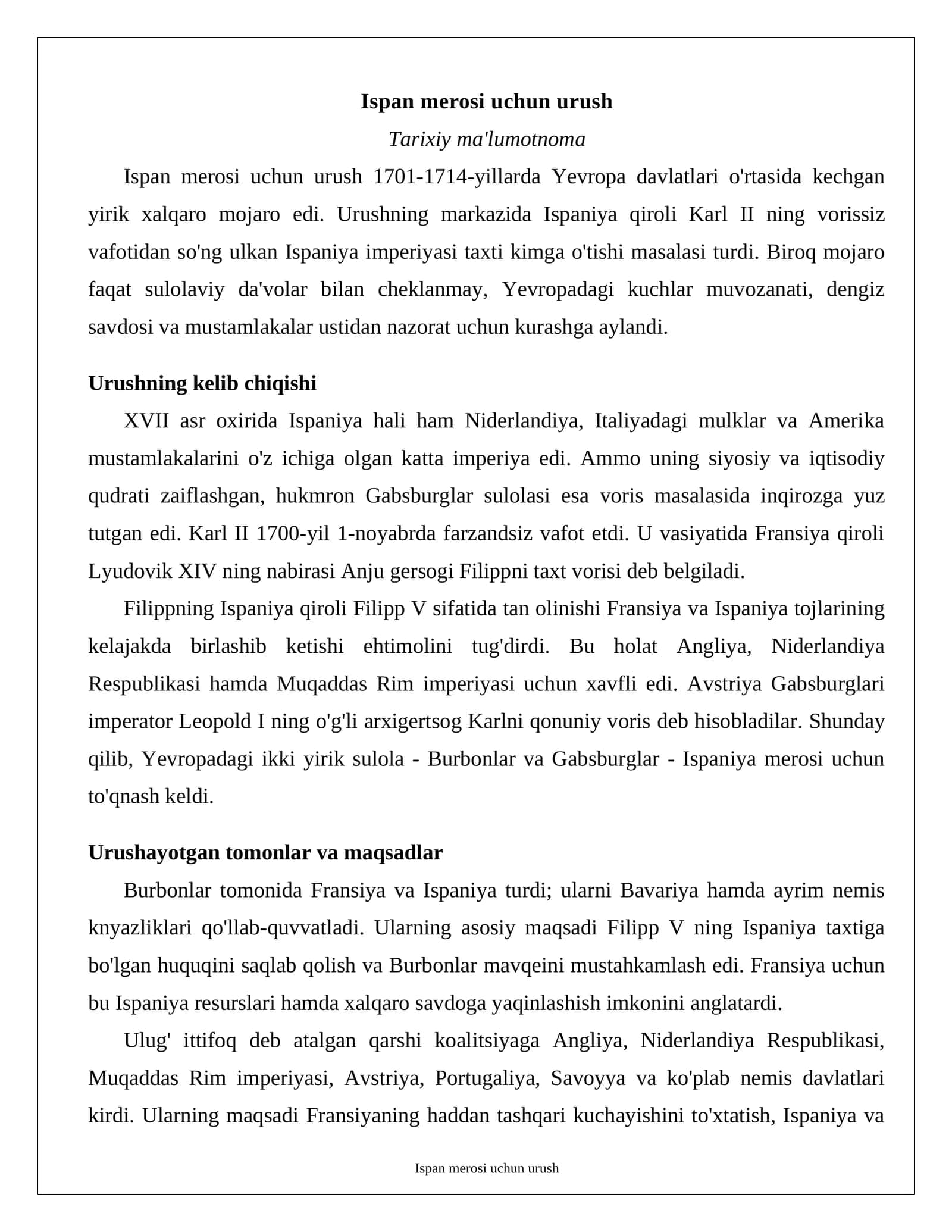 Ispan merosi uchun urush Tarixiy ma'lumotnoma 1