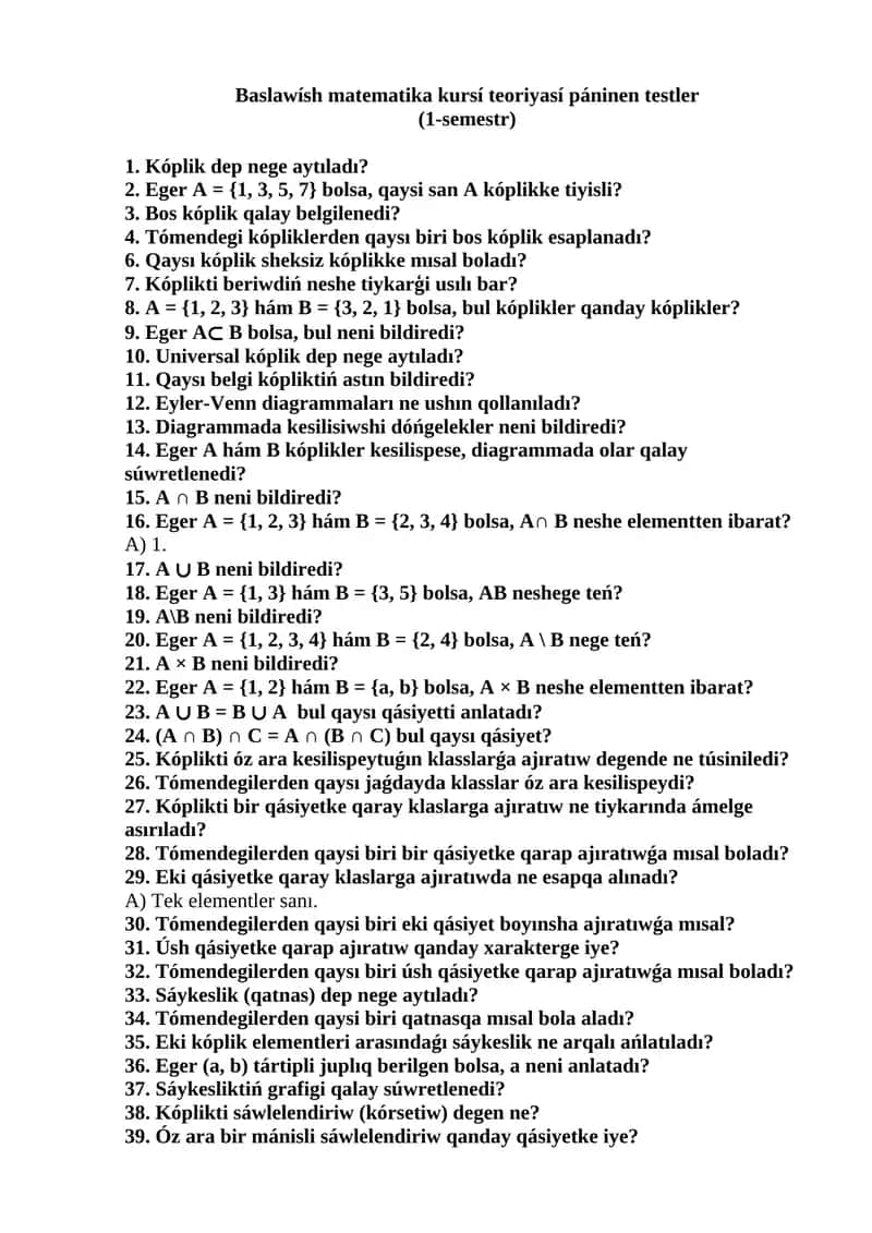 Baslawísh matematika kursí 1
