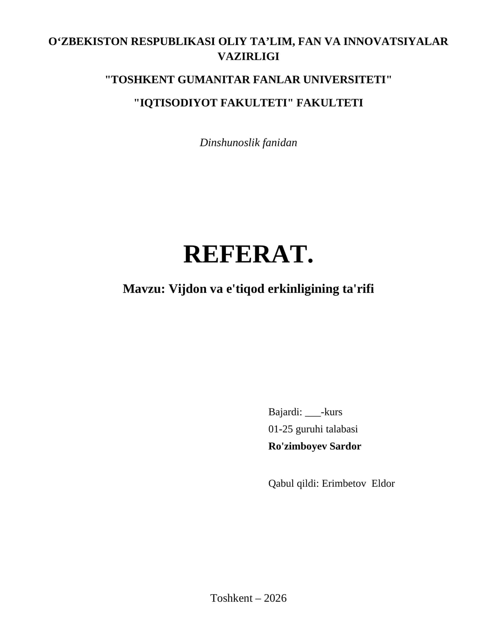 Vijdon va e'tiqod erkinligining ta'rifi 1