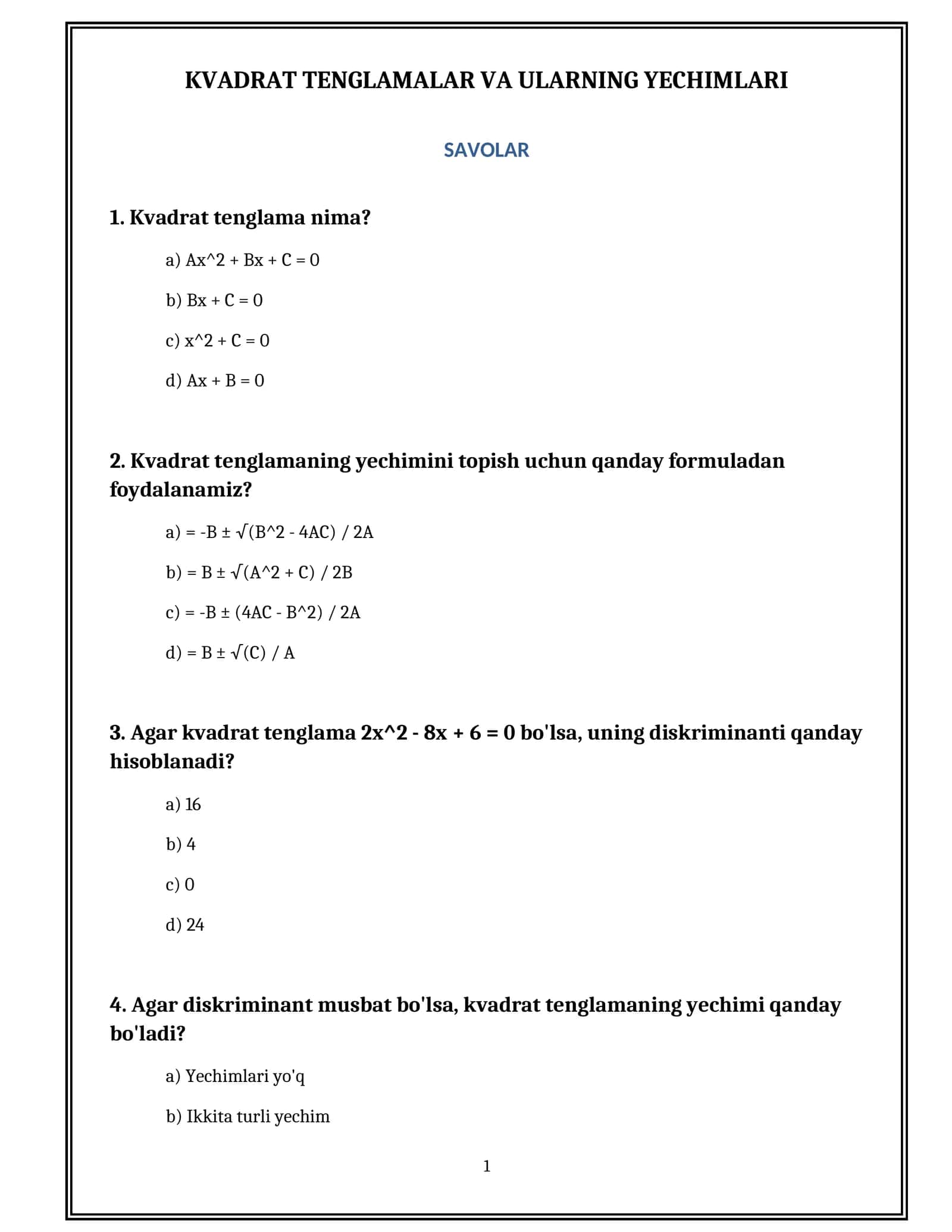 KVADRAT TENGLAMALAR VA ULARNING YECHIMLARI 1
