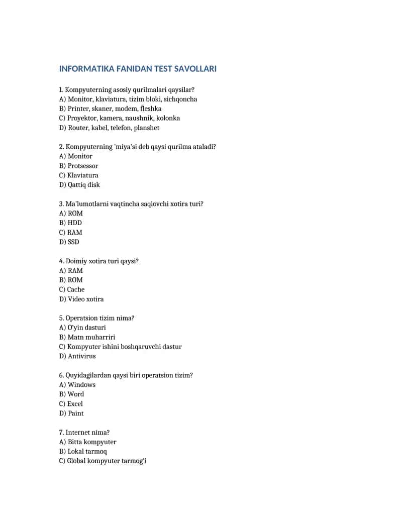 INFORMATIKA FANIDAN TEST SAVOLLARI 1
