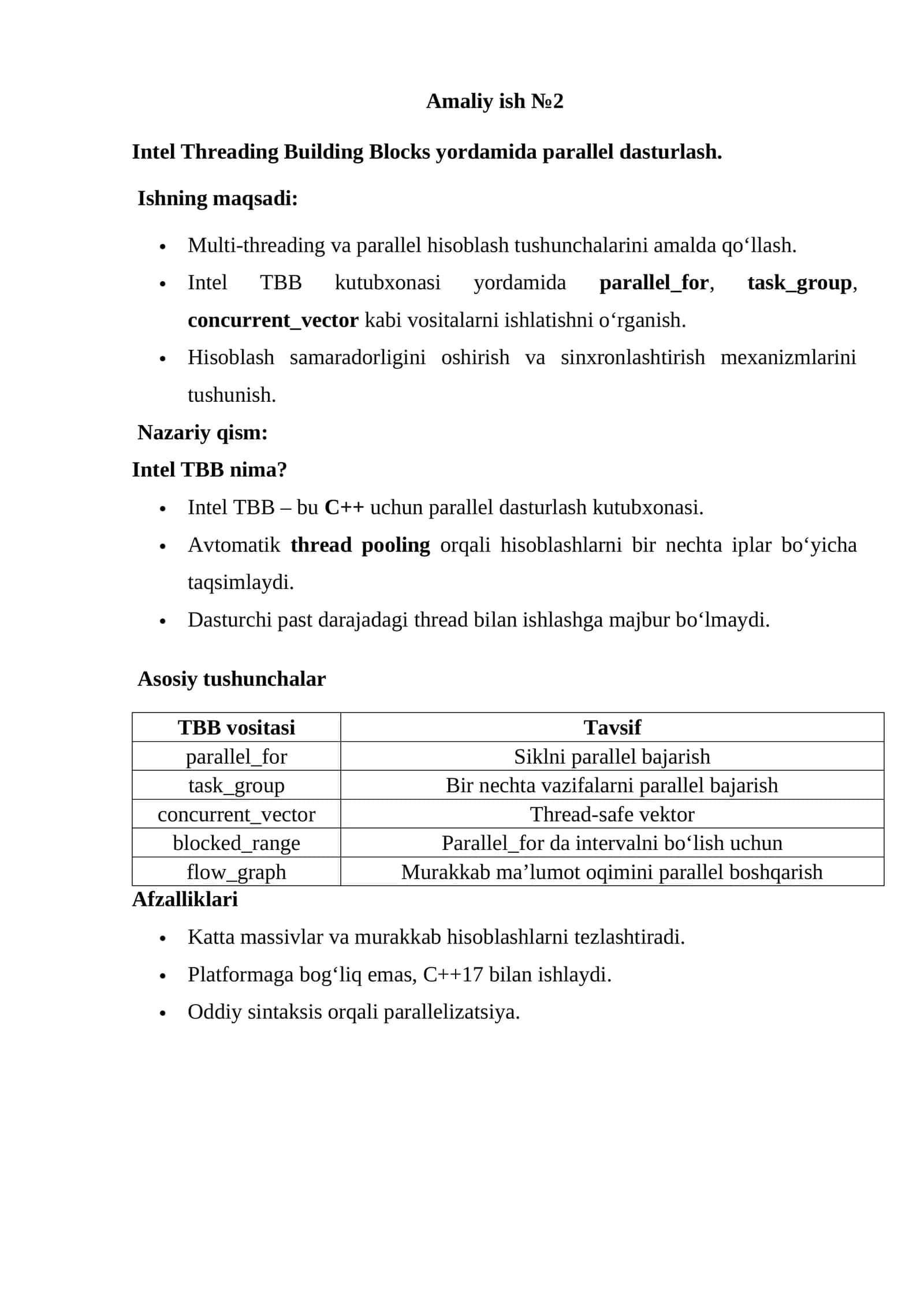 Intel Threading Building Blocks yordamida parallel dasturlash. 1