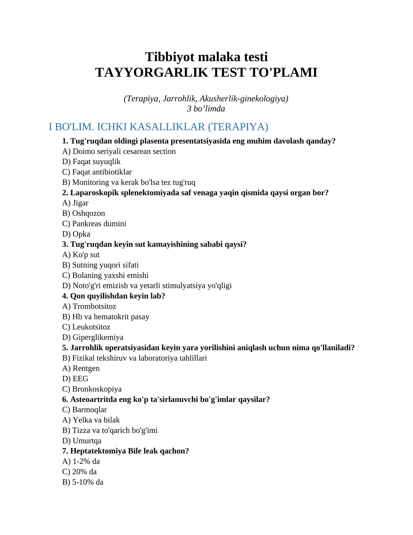 Tibbiyot malaka testi 1