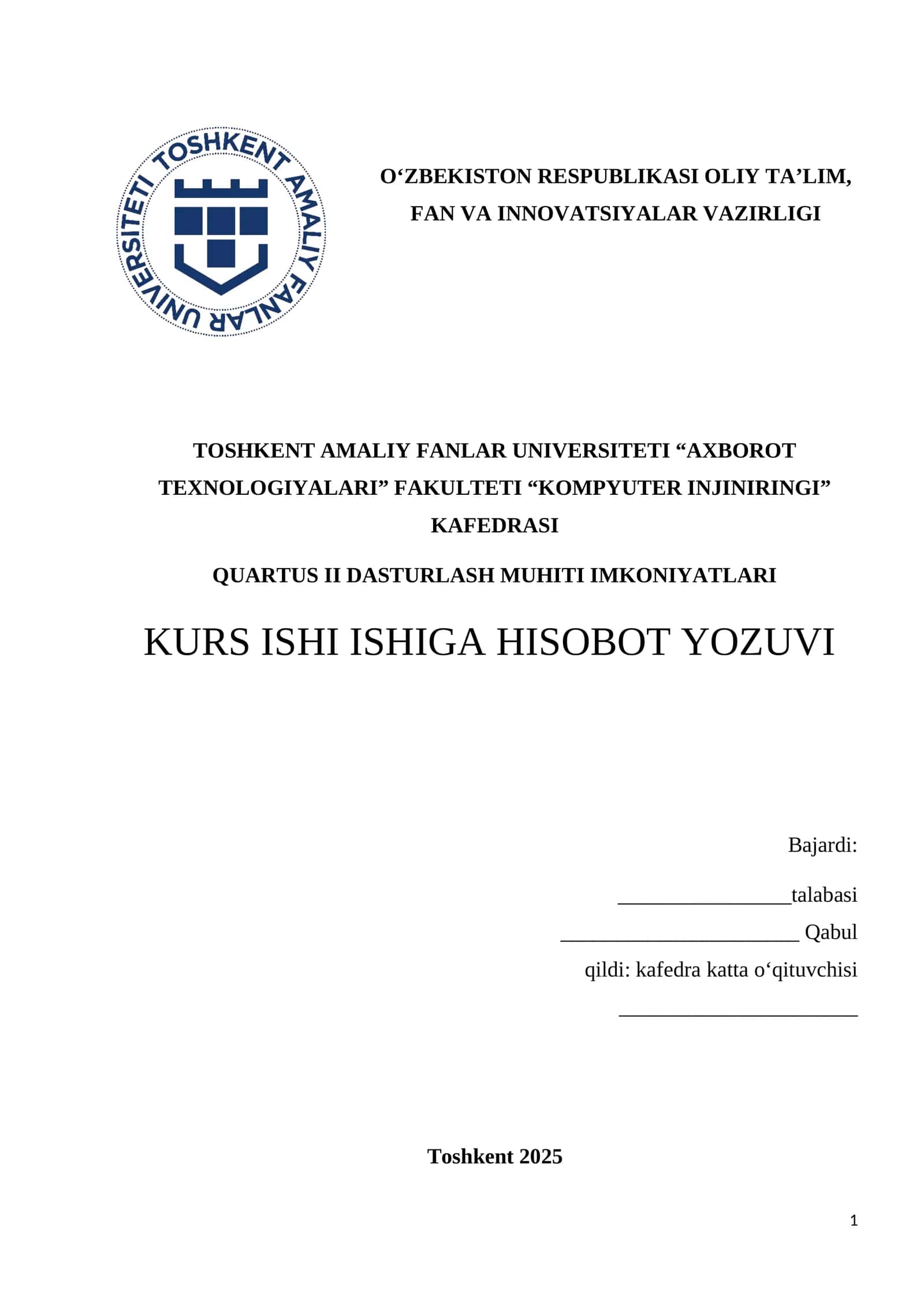 QUARTUS II DASTURLASH MUHITI IMKONIYATLARI 1